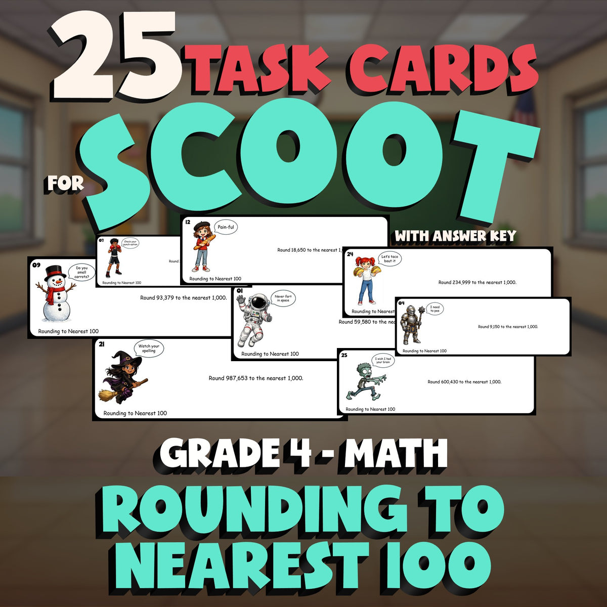 Rounding to Nearest 100 SCOOT TASK CARDS Math Game - No Prep Grade 4 Review