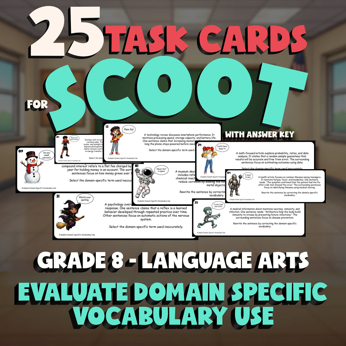 Evaluate Domain Specific Vocabulary Use SCOOT TASK CARDS ELA Game - Grade 8