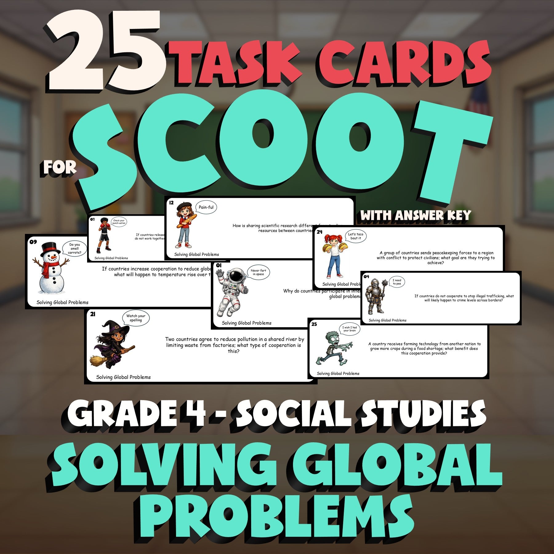 Solving Global Problems SCOOT TASK CARDS Socials Game - No Prep Grade 4 Review
