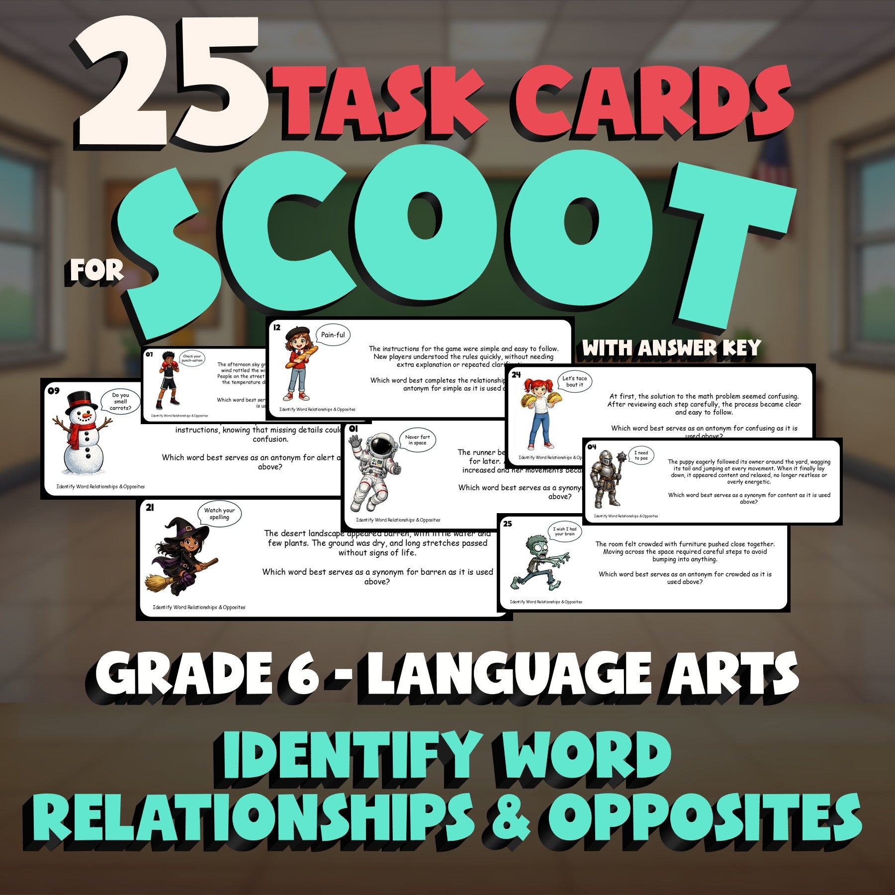 Identify Word Relationships & Opposites SCOOT TASK CARDS ELA Game - Grade 6