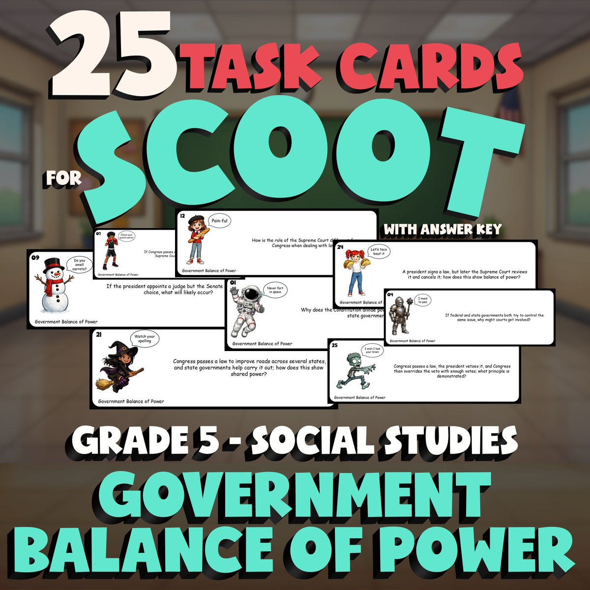 Government Balance of Power SCOOT TASK CARDS Socials Game - No Prep Grade 5