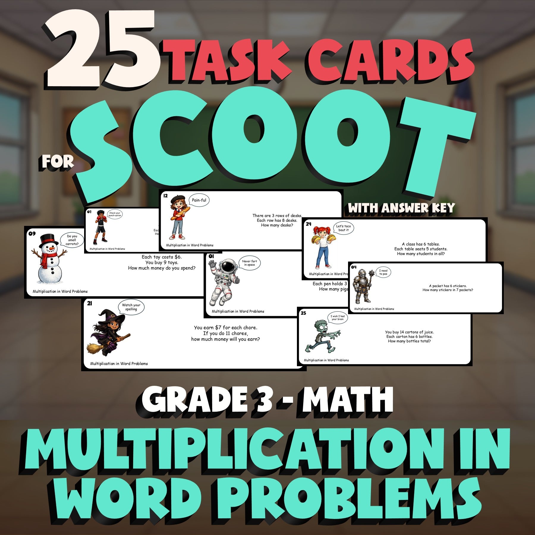 Multiplication in Word Problems SCOOT TASK CARDS Math Game - No Prep Grade 3