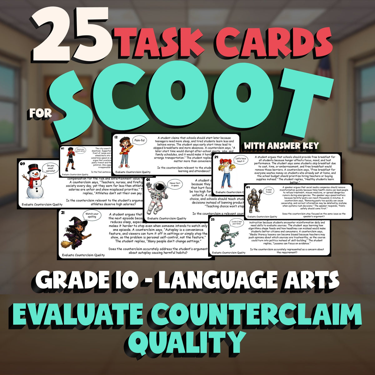 Evaluate Counterclaim Quality SCOOT TASK CARDS ELA Game - No Prep Grade 10