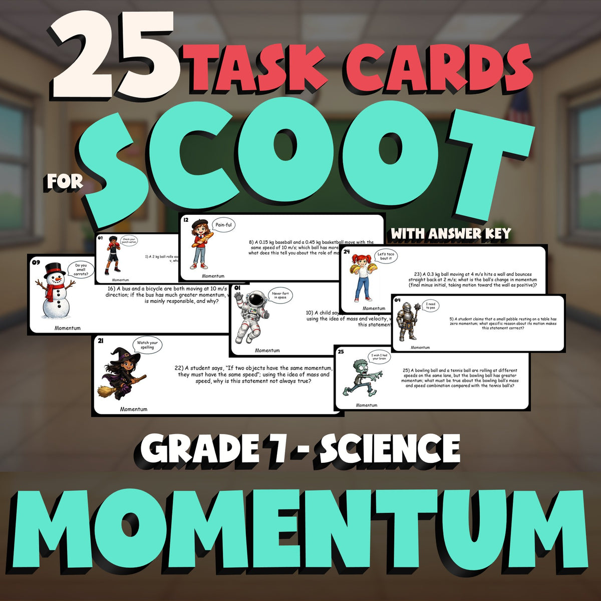 Momentum SCOOT TASK CARDS Science Game - No Prep Grade 7 Review Activity