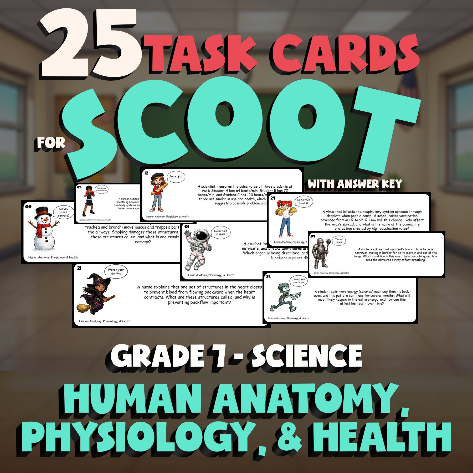 Human Anatomy, Physiology, & Health SCOOT TASK CARDS Science Game - Grade 7