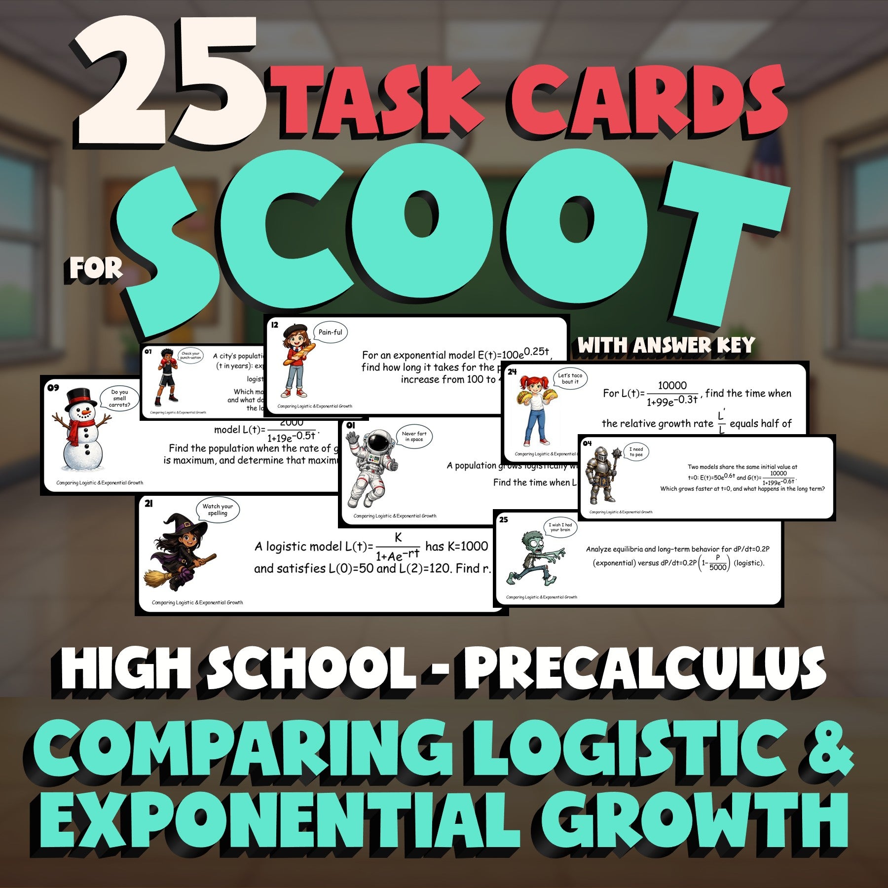 Comparing Logistic & Exponential Growth SCOOT TASK CARDS Math Game - PreCalculus