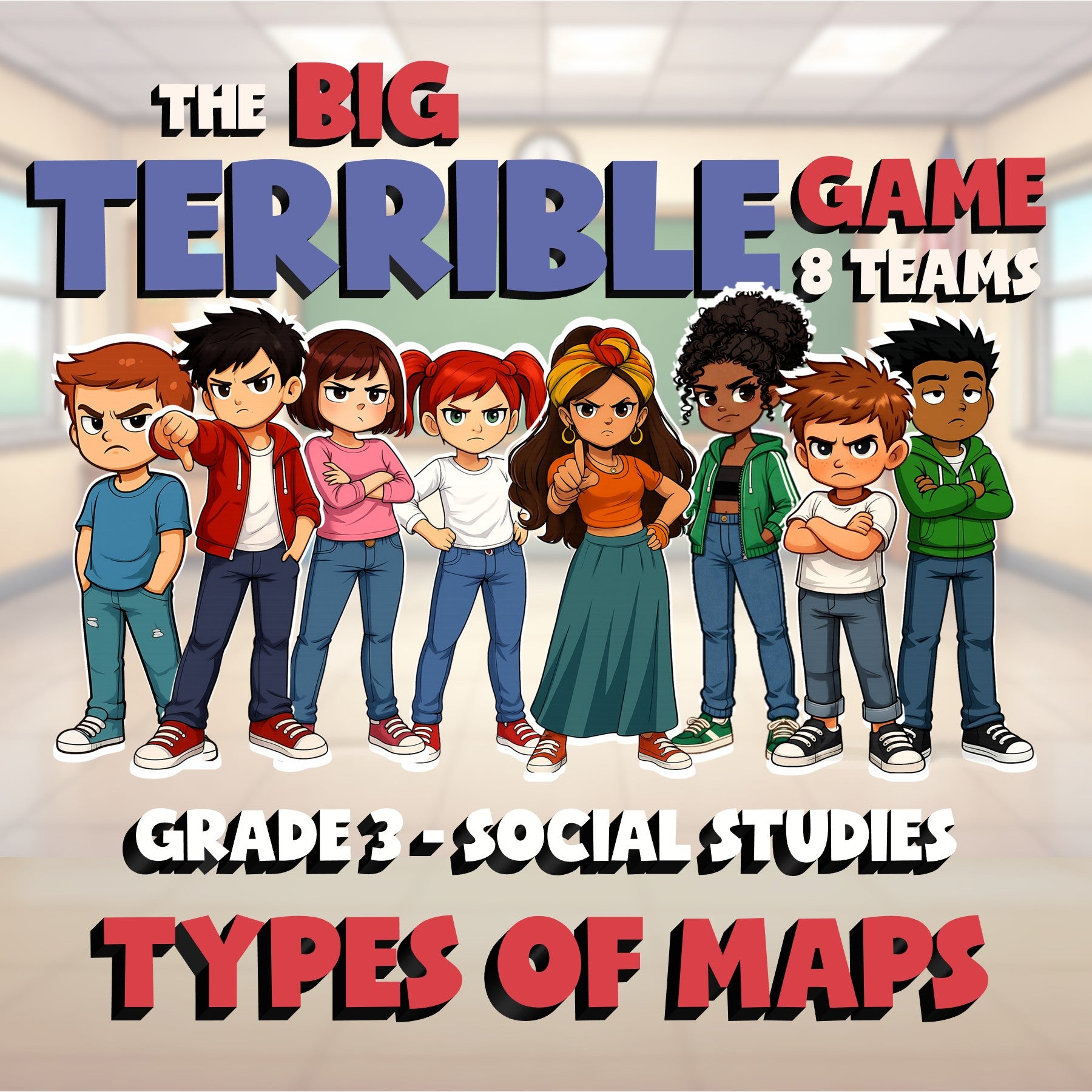 Types of Maps BIG TERRIBLE GAME - No Prep Grade 3 Socials Review Activity