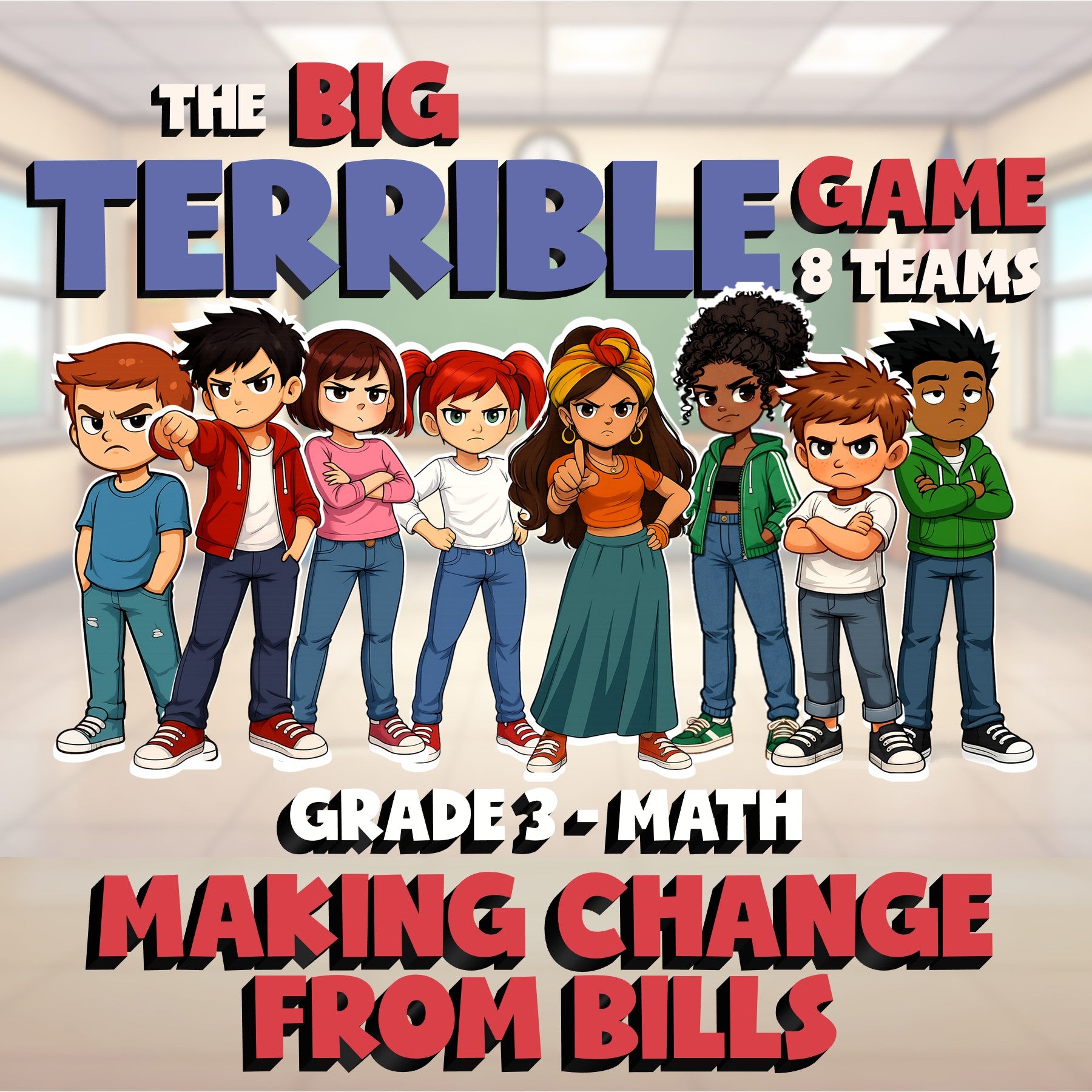 Making Change from Bills BIG TERRIBLE GAME - No Prep Grade 3 Math Review