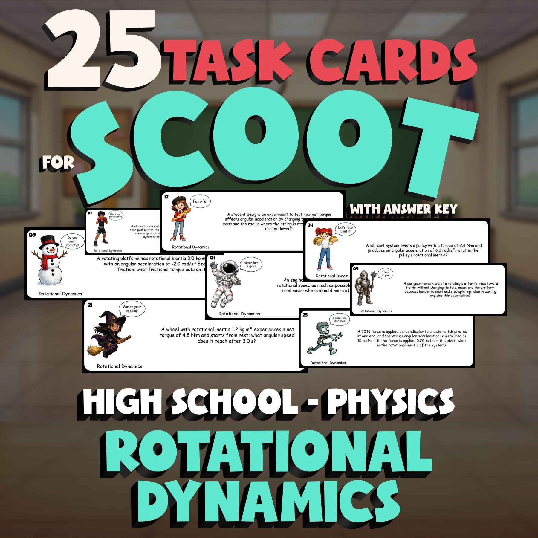 Rotational Dynamics SCOOT TASK CARDS Science Game - No Prep Physics Review