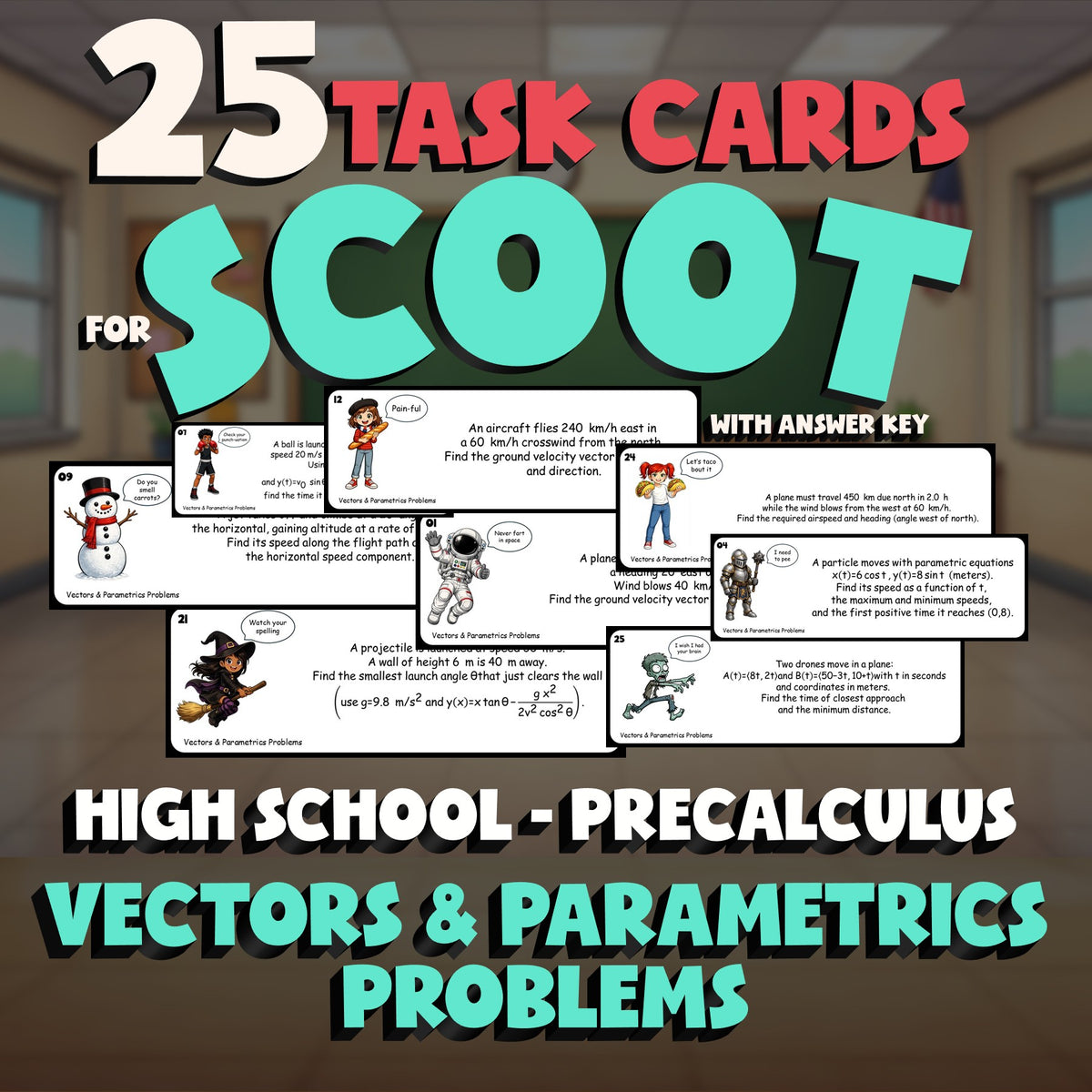 Vectors & Parametrics Problems SCOOT TASK CARDS Math Game - No Prep PreCalculus
