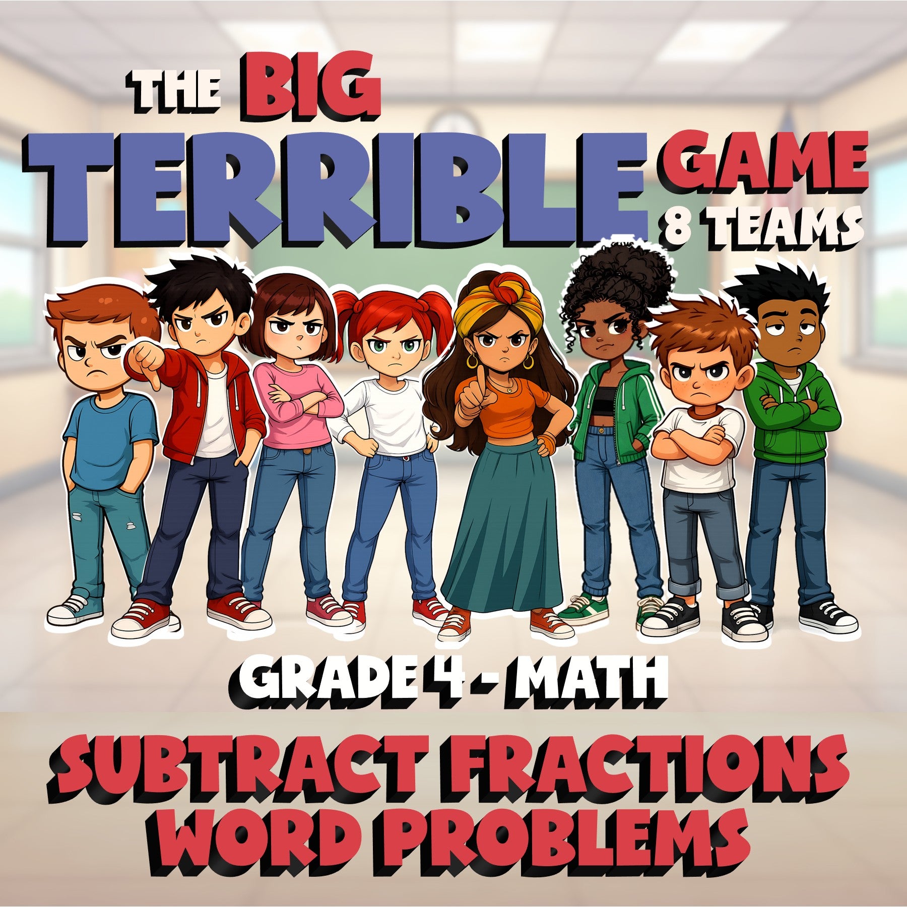 Subtract Fractions Word Problems BIG TERRIBLE GAME - No Prep Grade 4 Math Review