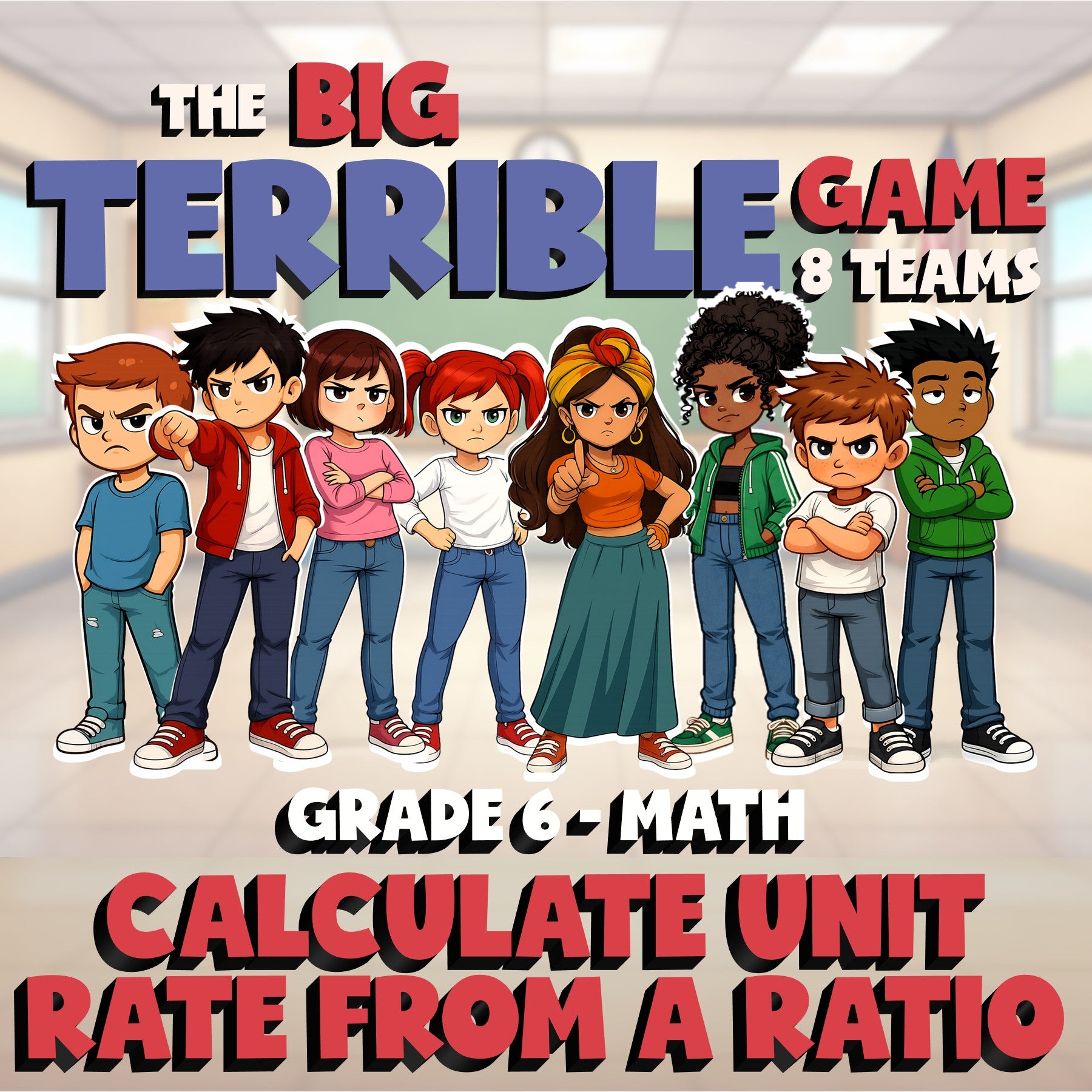 Calculate Unit Rate from a Ratio BIG TERRIBLE GAME - No Prep Grade 6 Math Review