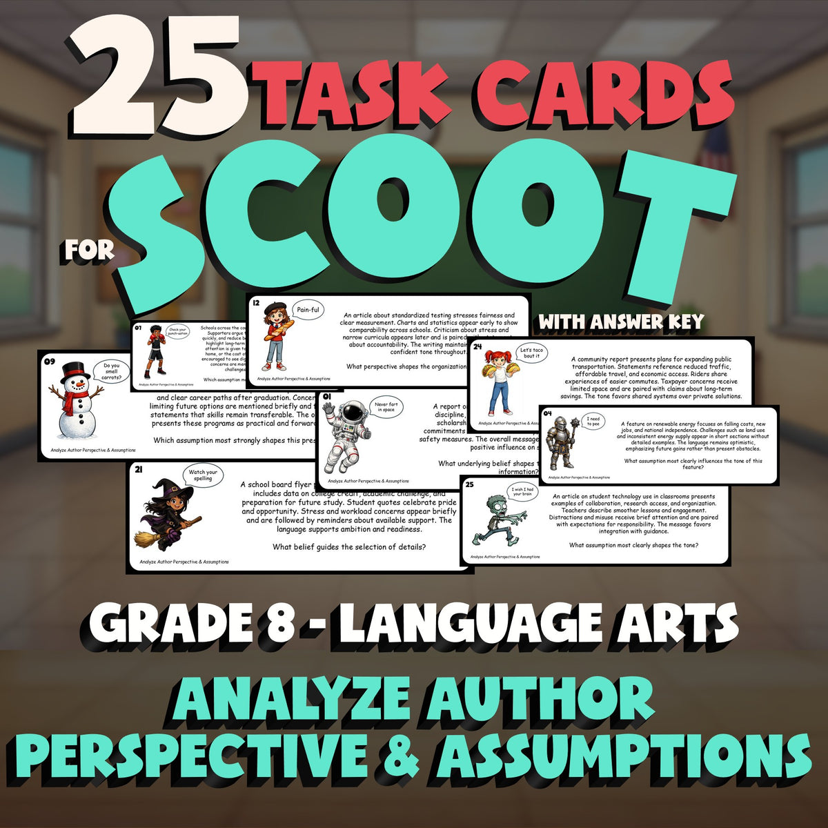 Analyze Author Perspective & Assumptions SCOOT TASK CARDS ELA Game - Grade 8