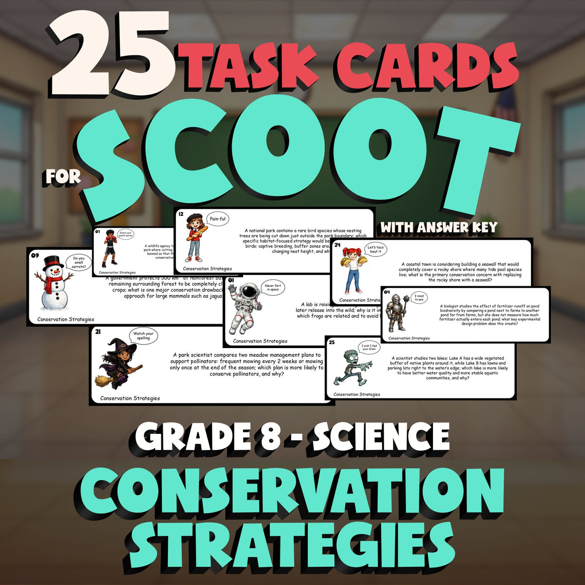 Conservation Strategies SCOOT TASK CARDS Science Game - No Prep Grade 8 Review
