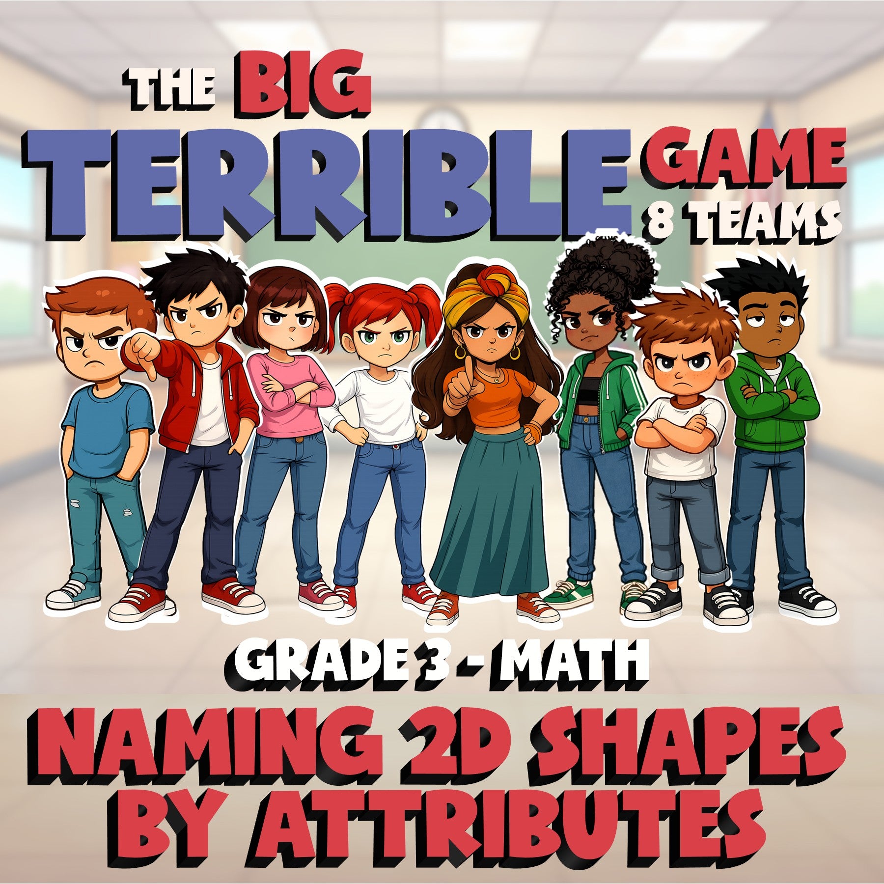 Naming 2D Shapes by Attributes BIG TERRIBLE GAME - No Prep Grade 3 Math Review