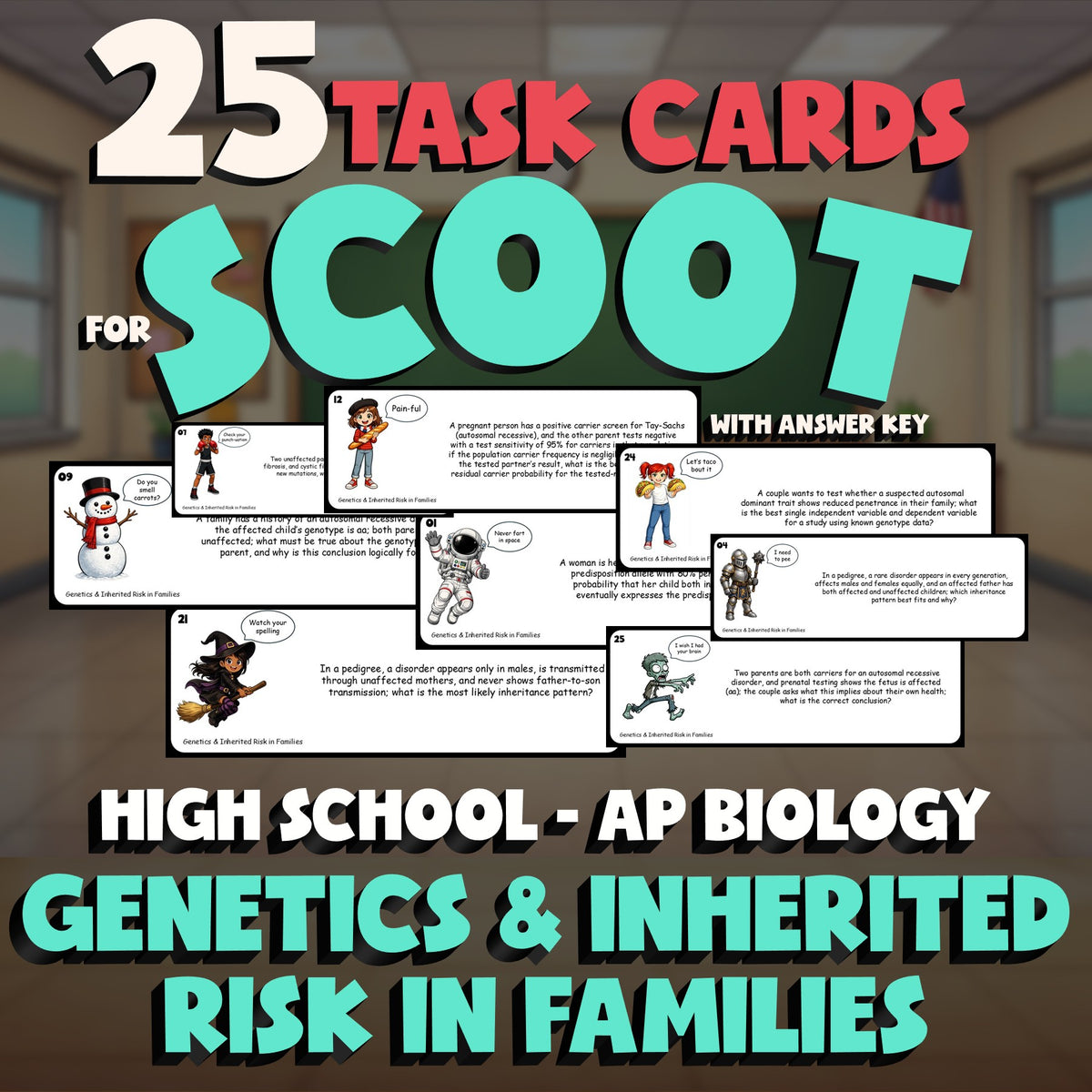 Genetics & Inherited Risk in Families SCOOT TASK CARDS Science Game - AP Biology