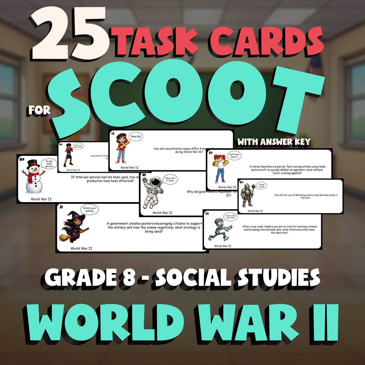 World War II SCOOT TASK CARDS Socials Game - No Prep Grade 8 Review Activity