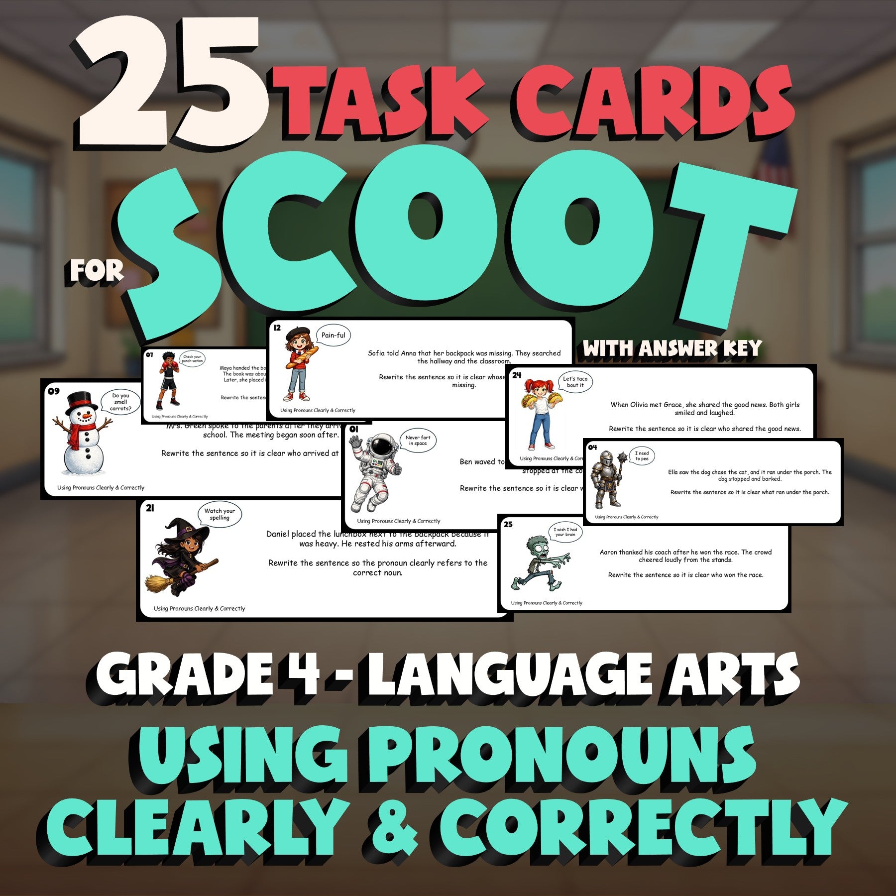 Using Pronouns Clearly & Correctly SCOOT TASK CARDS ELA Game - No Prep Grade 4