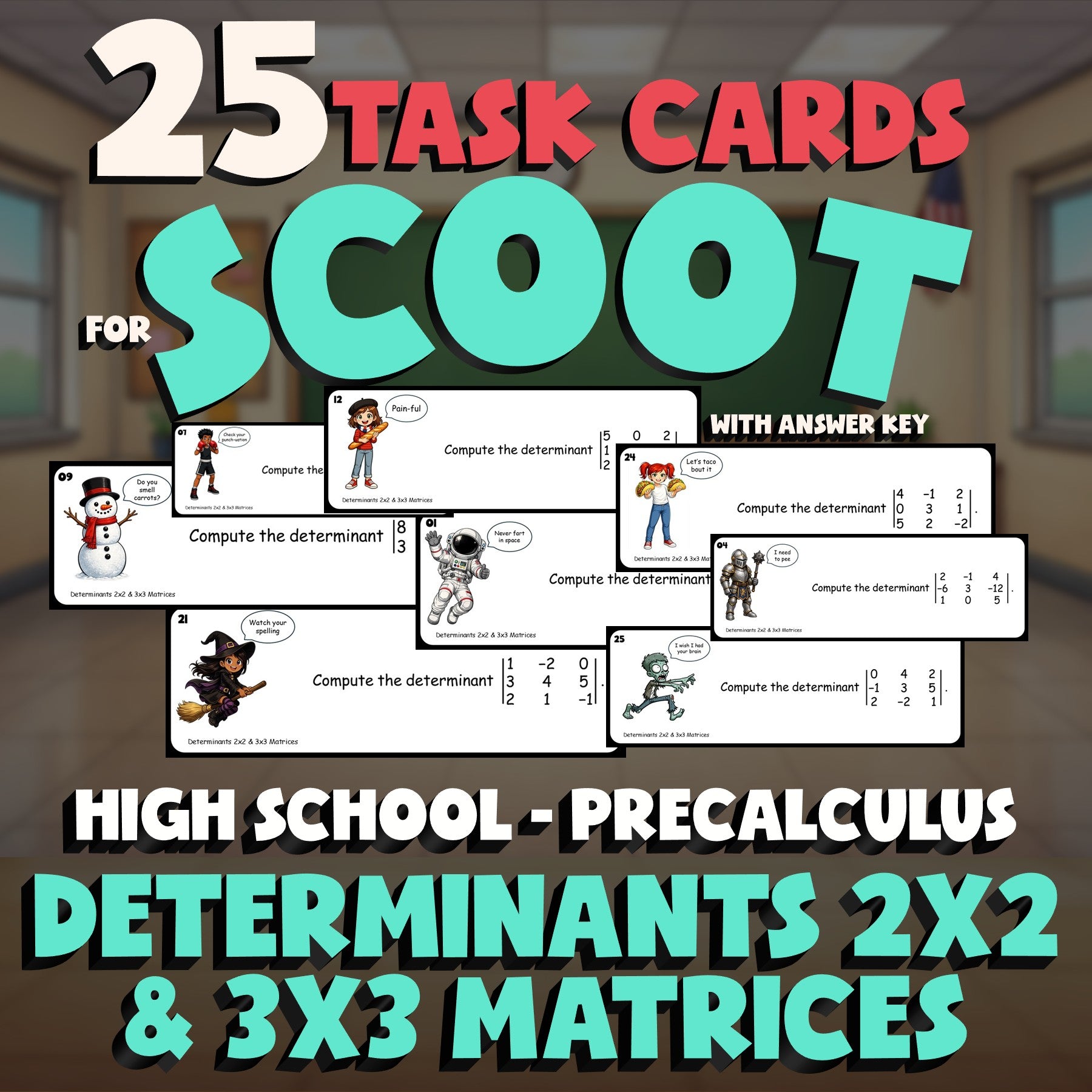 Determinants 2x2 & 3x3 Matrices SCOOT TASK CARDS Math Game - No Prep PreCalculus