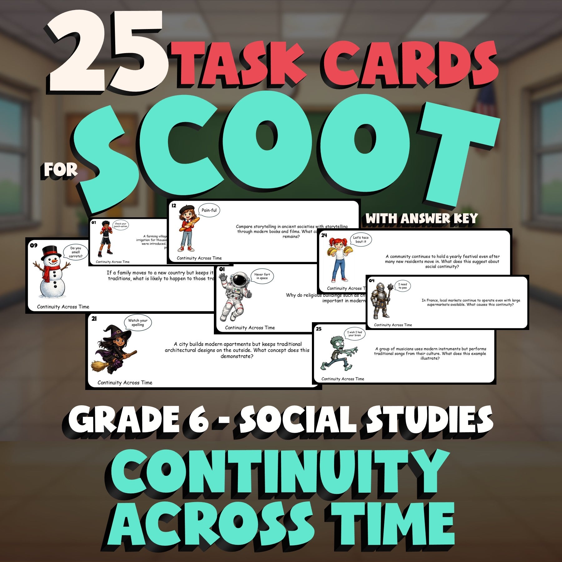 Continuity Across Time SCOOT TASK CARDS Socials Game - No Prep Grade 6 Review