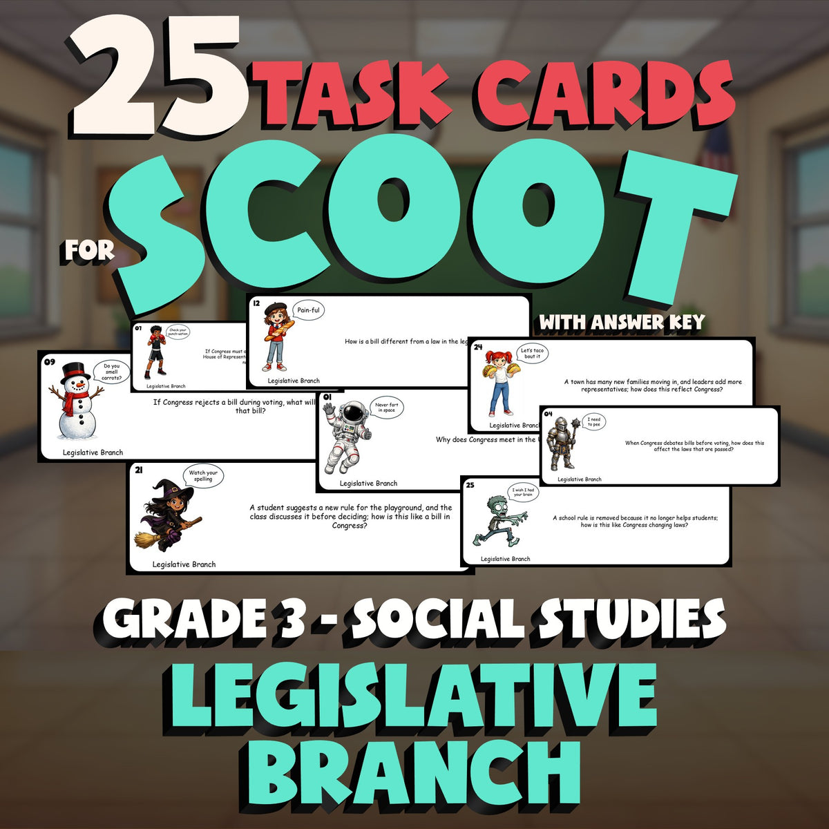 Legislative Branch SCOOT TASK CARDS Socials Game - No Prep Grade 3 Review