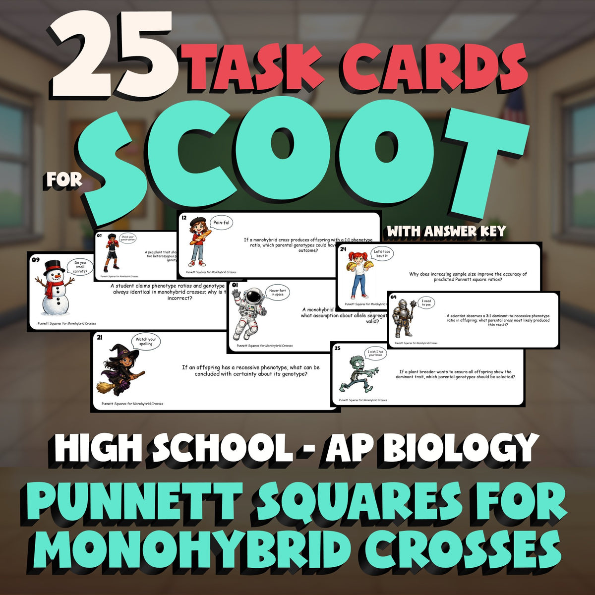 Punnett Squares for Monohybrid Crosses SCOOT TASK CARDS Science Game AP Biology