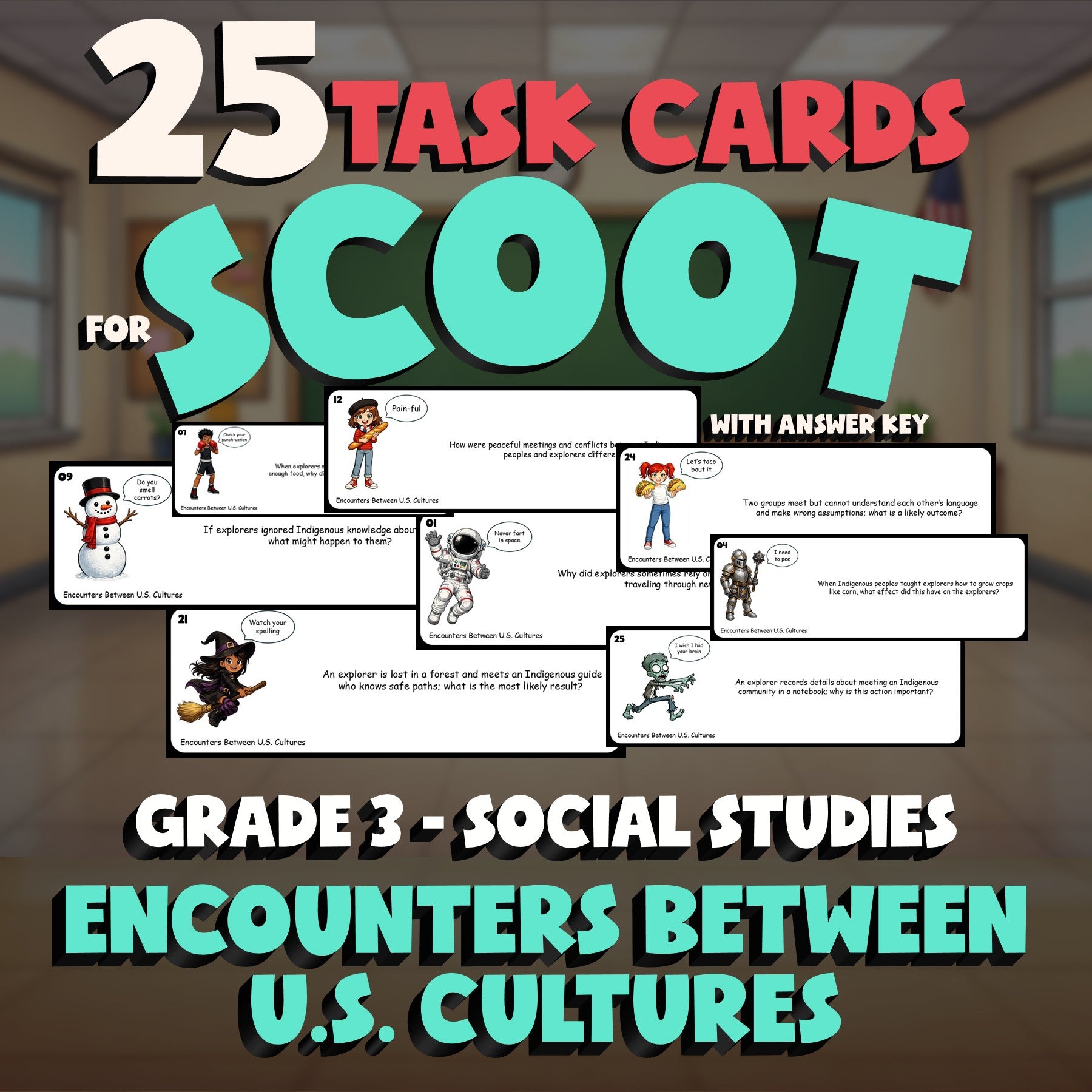 Encounters Between U.S. Cultures SCOOT TASK CARDS Socials Game - No Prep Grade 3