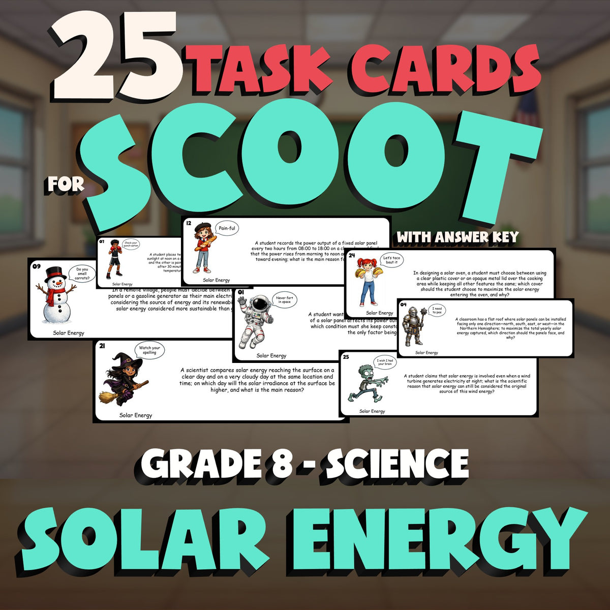 Solar Energy SCOOT TASK CARDS Science Game - No Prep Grade 8 Review Activity