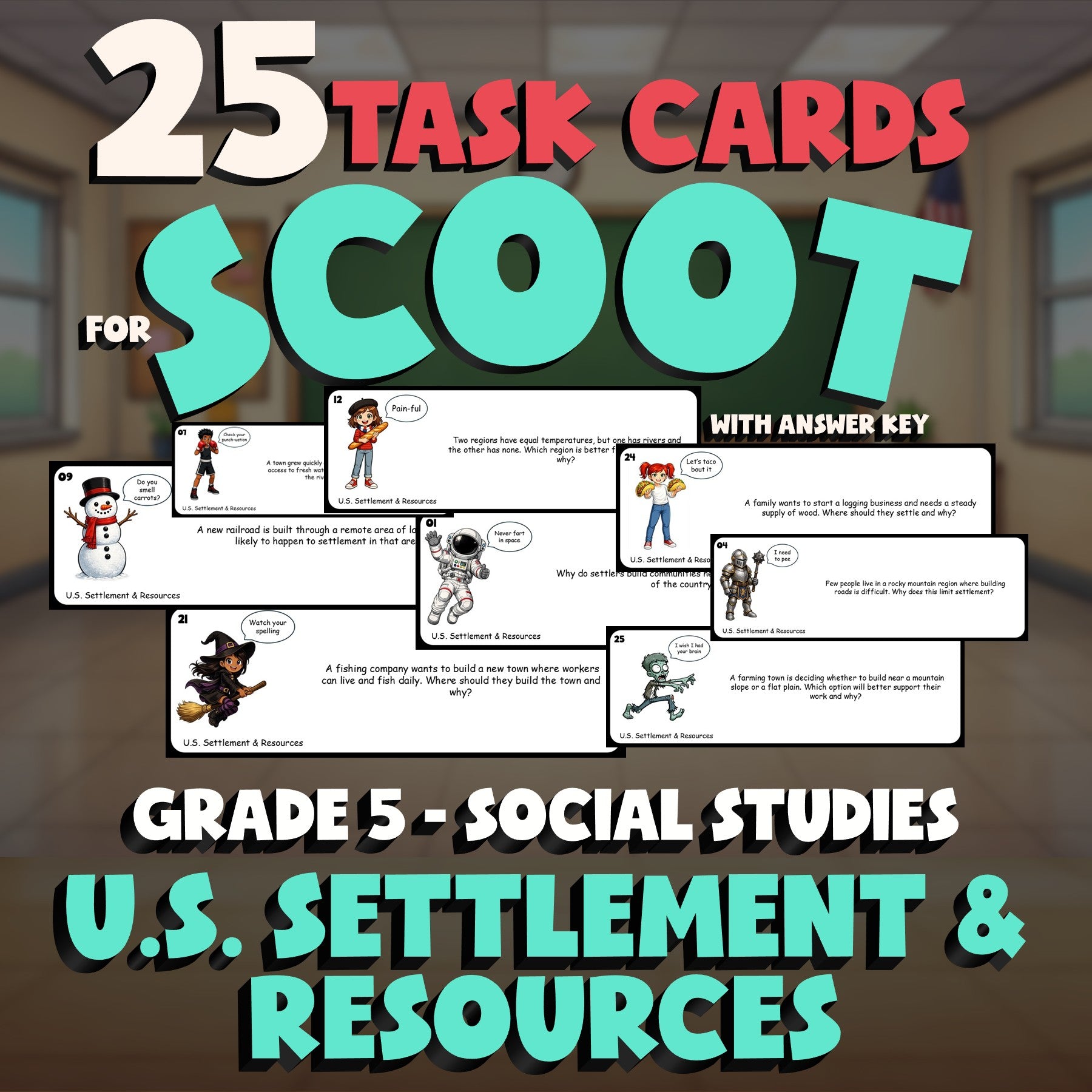 U.S. Settlement & Resources SCOOT TASK CARDS Socials Game - No Prep Grade 5