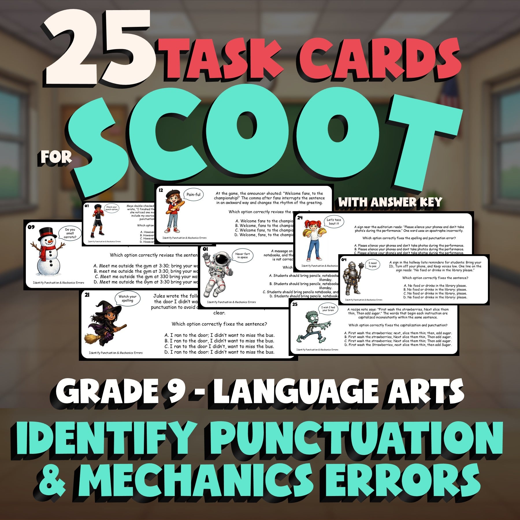 Identify Punctuation & Mechanics Errors SCOOT TASK CARDS ELA Game - Grade 9