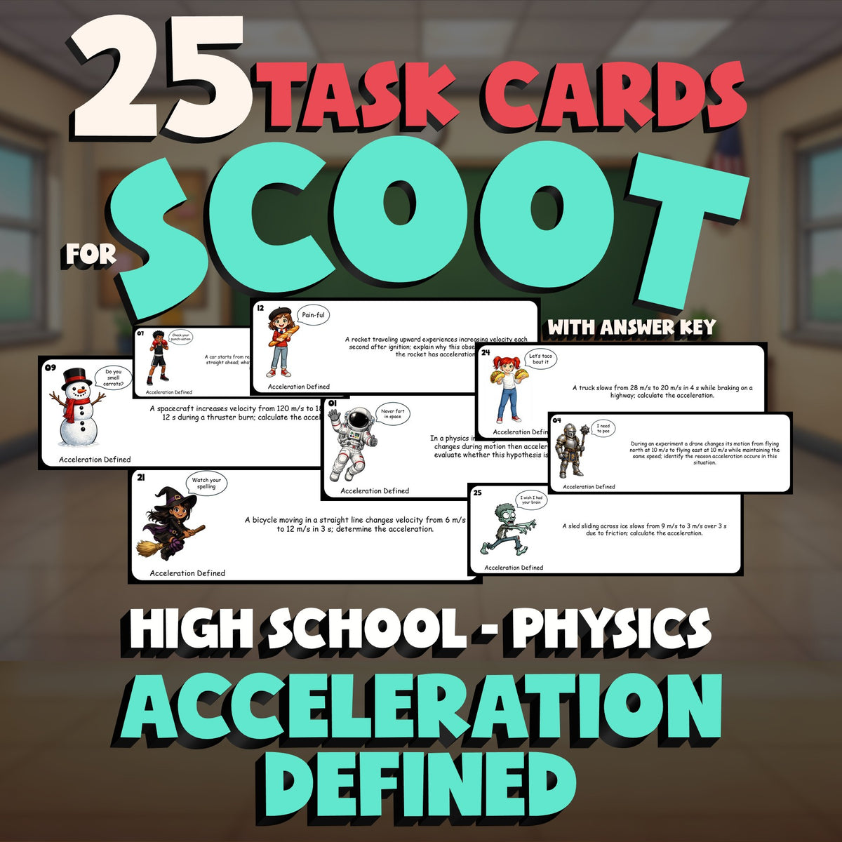 Acceleration Defined SCOOT TASK CARDS Science Game - No Prep Physics Review