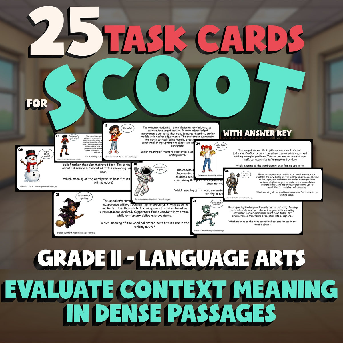 Evaluate Context Meaning in Dense Passages SCOOT TASK CARDS ELA Game - Grade 11