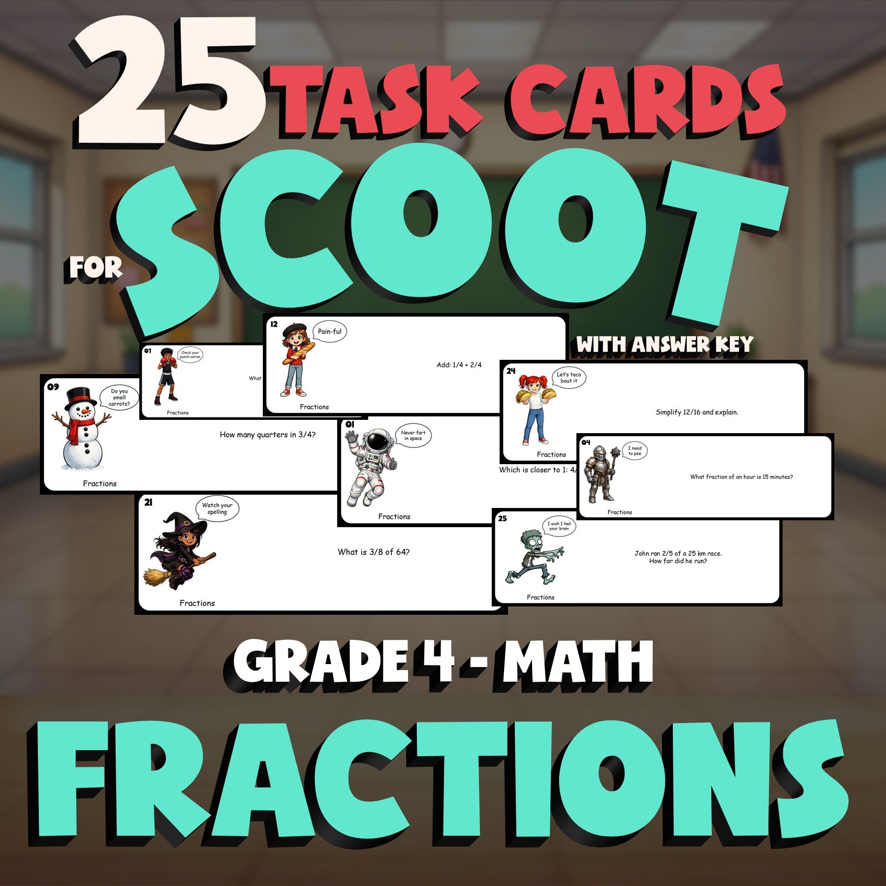 Fractions SCOOT TASK CARDS Math Game - No Prep Grade 4 Review Activity