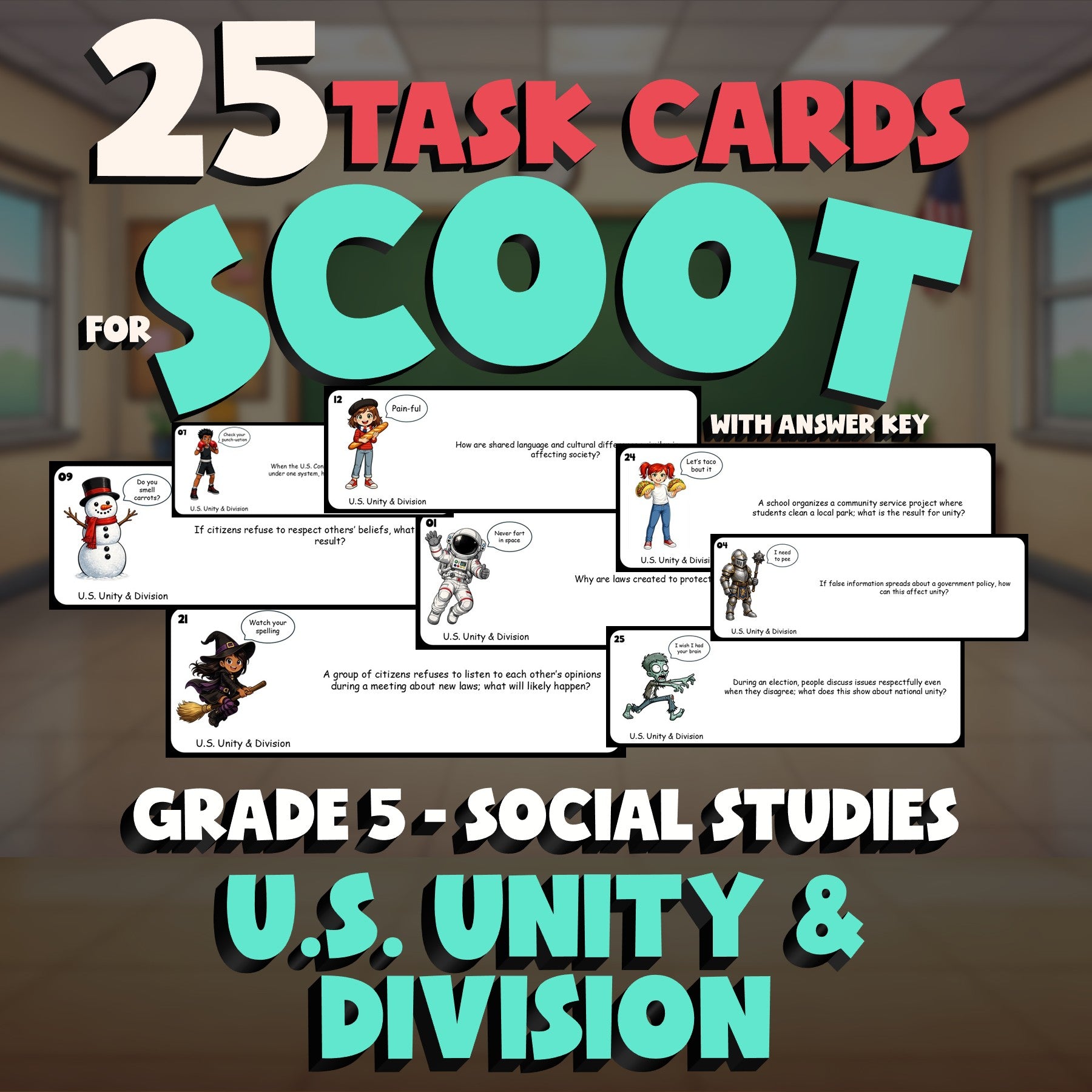 U.S. Unity & Division SCOOT TASK CARDS Socials Game - No Prep Grade 5 Review