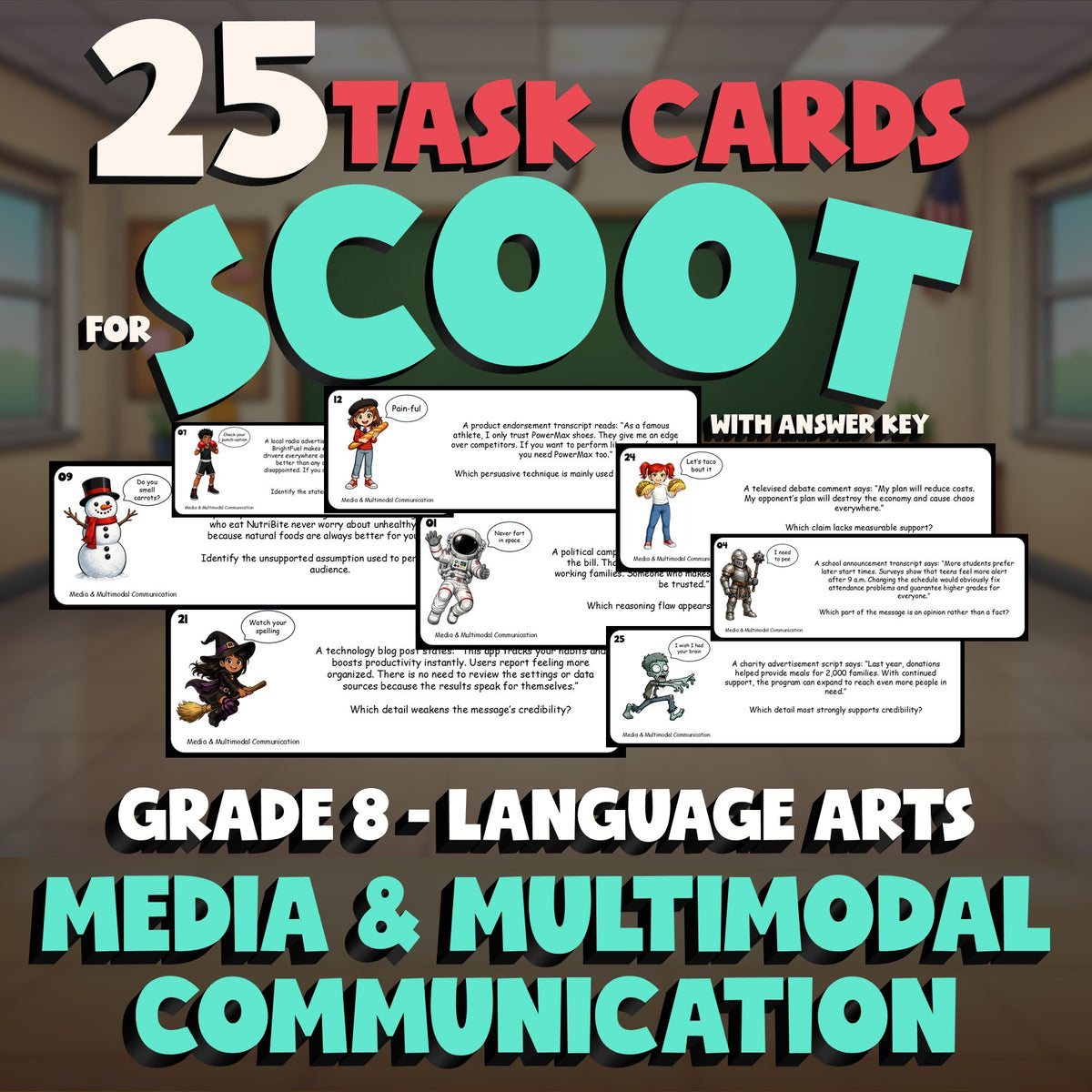 Media & Multimodal Communication SCOOT TASK CARDS ELA Game - No Prep Grade 8