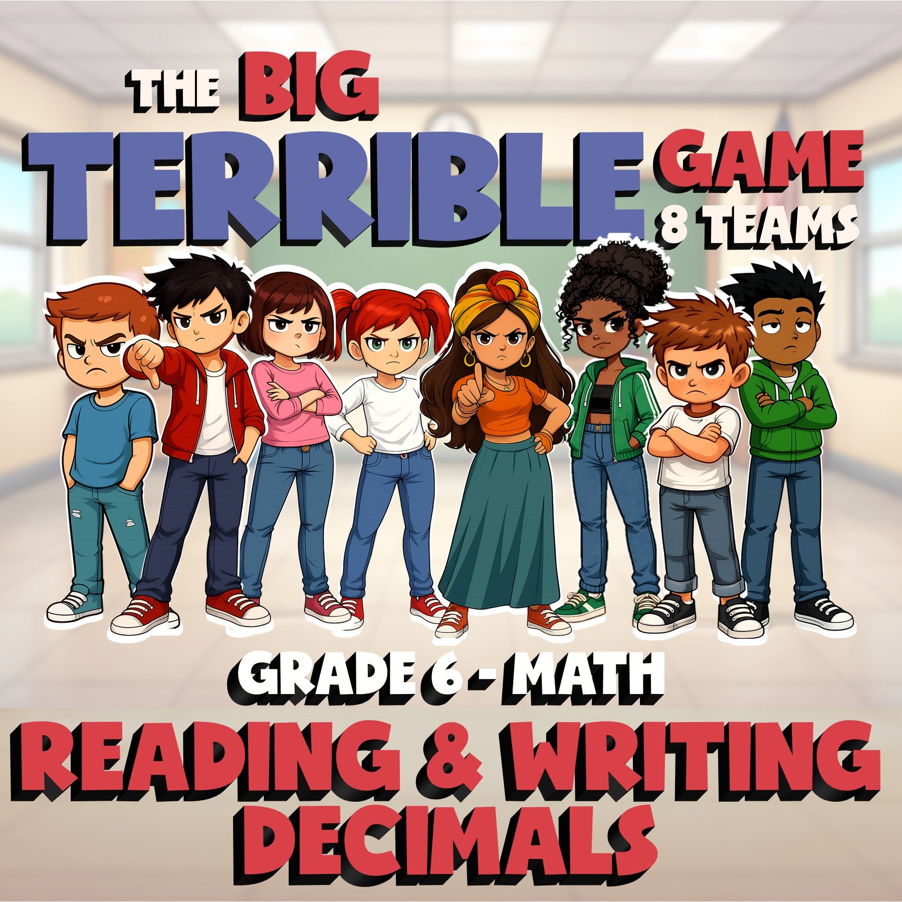 Reading & Writing Decimals BIG TERRIBLE GAME - No Prep Grade 6 Math Review