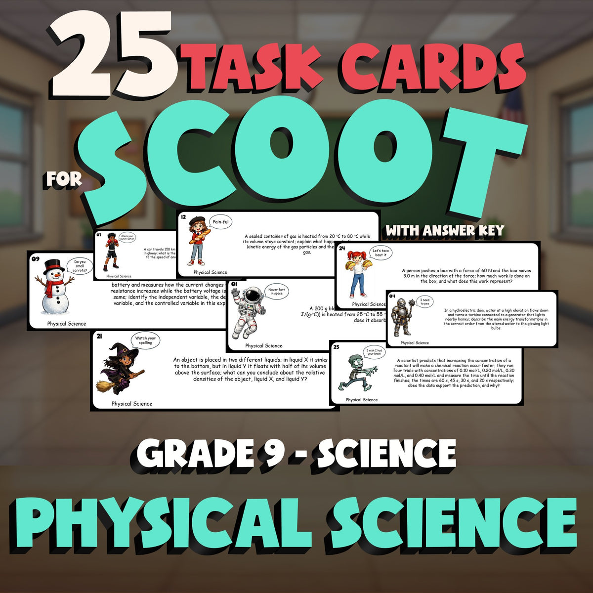Physical Science SCOOT TASK CARDS Science Game - No Prep Grade 9 Review Activity