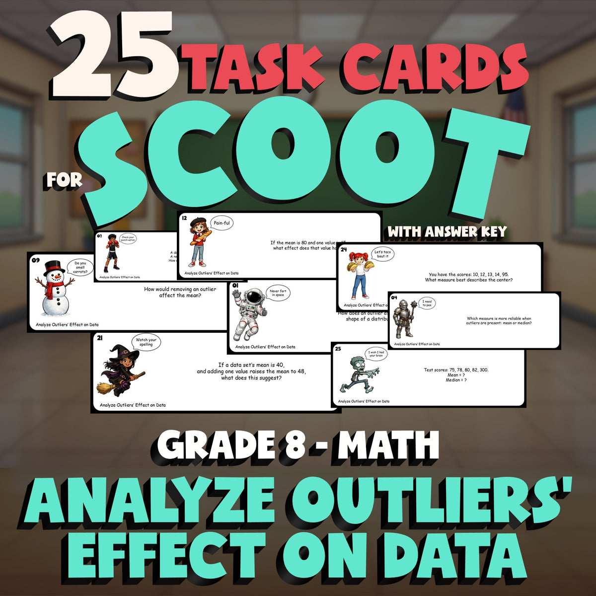Analyze Outliers’ Effect on Data SCOOT TASK CARDS Math Game - No Prep Grade 8