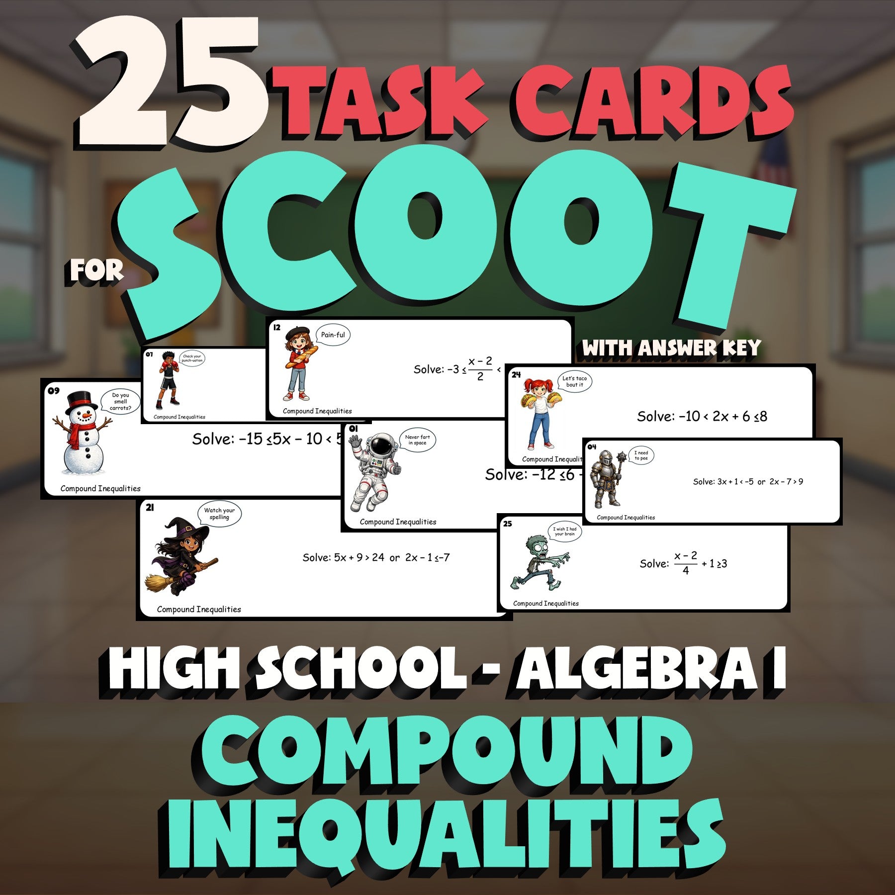 Compound Inequalities SCOOT TASK CARDS Math Game - No Prep Algebra 1 Review