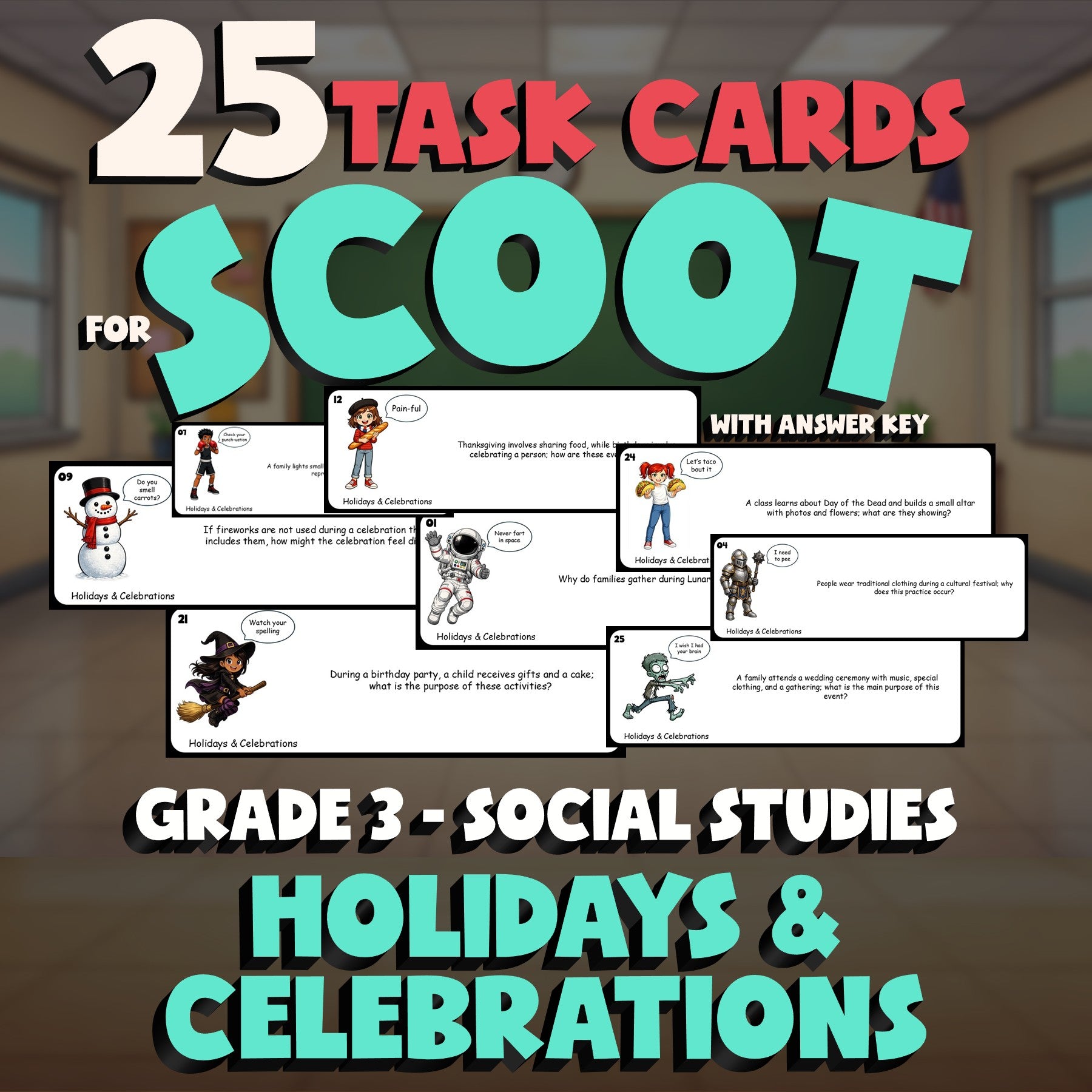 Holidays & Celebrations SCOOT TASK CARDS Socials Game - No Prep Grade 3 Review