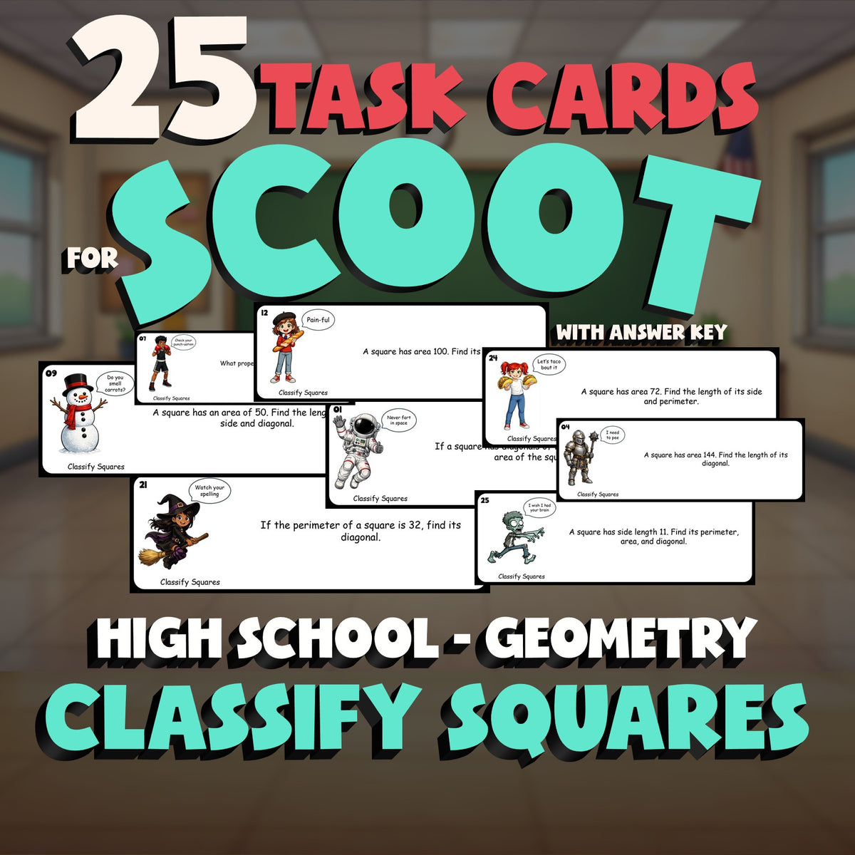 Classify Squares SCOOT TASK CARDS Math Game - No Prep Geometry Review Activity