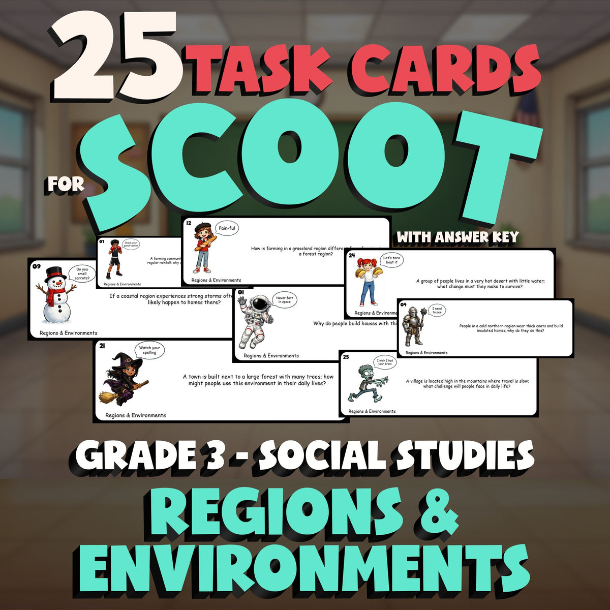 Regions & Environments SCOOT TASK CARDS Socials Game - No Prep Grade 3 Review