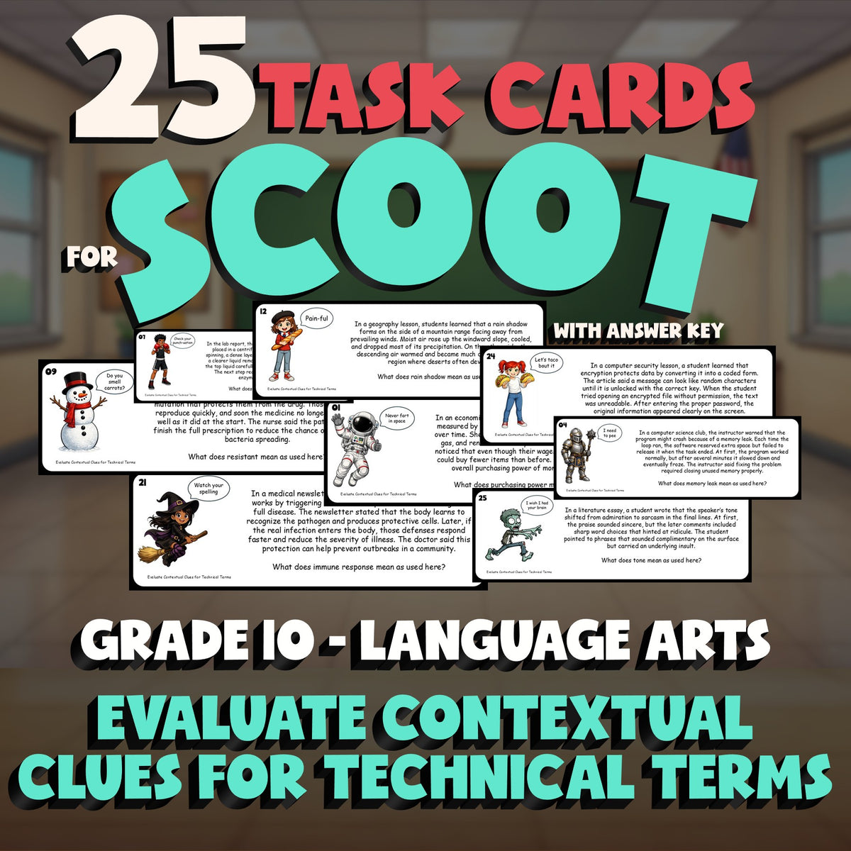 Evaluate Contextual Clues for Technical Terms SCOOT TASK CARDS ELA Game Grade 10