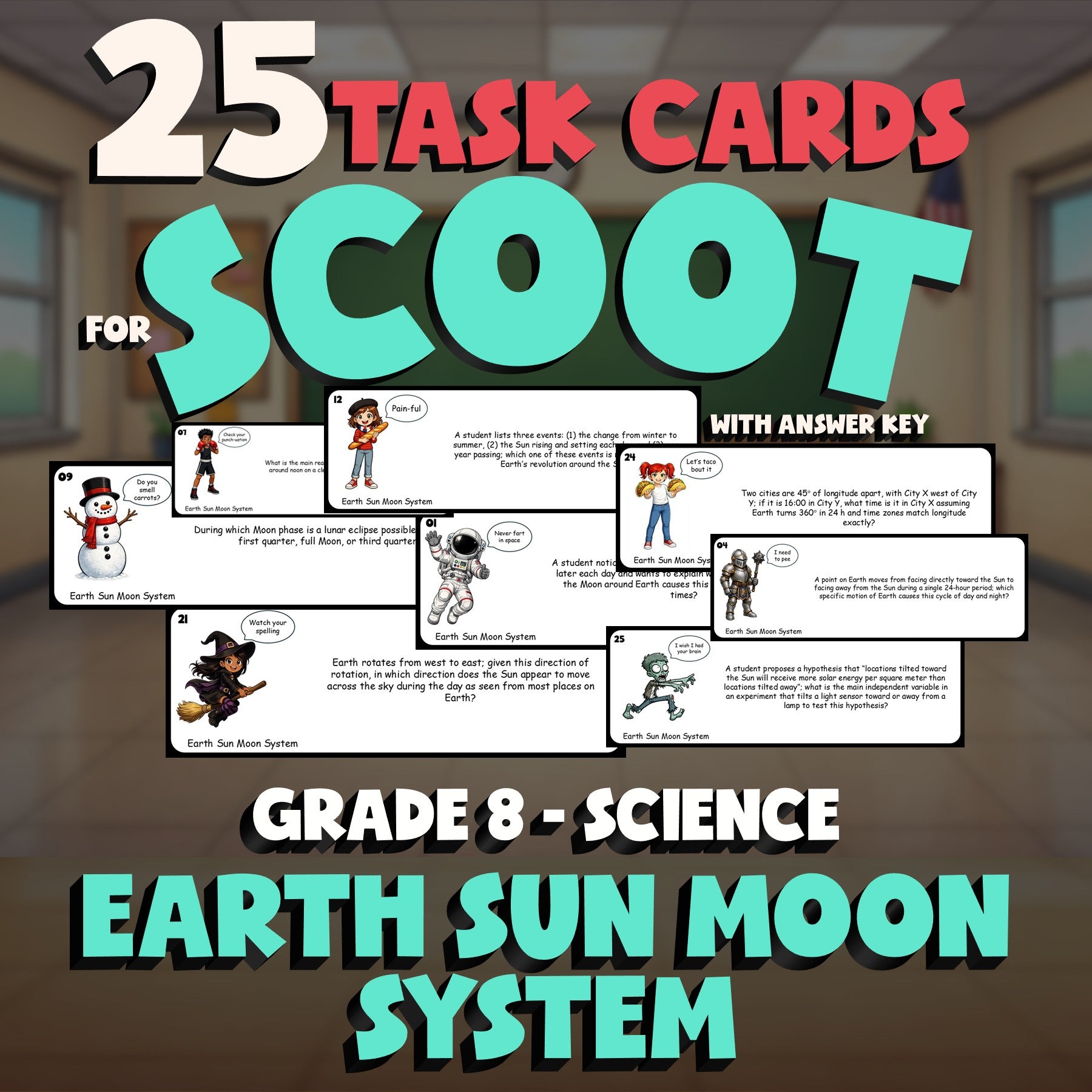 Earth Sun Moon System SCOOT TASK CARDS Science Game - No Prep Grade 8 Review