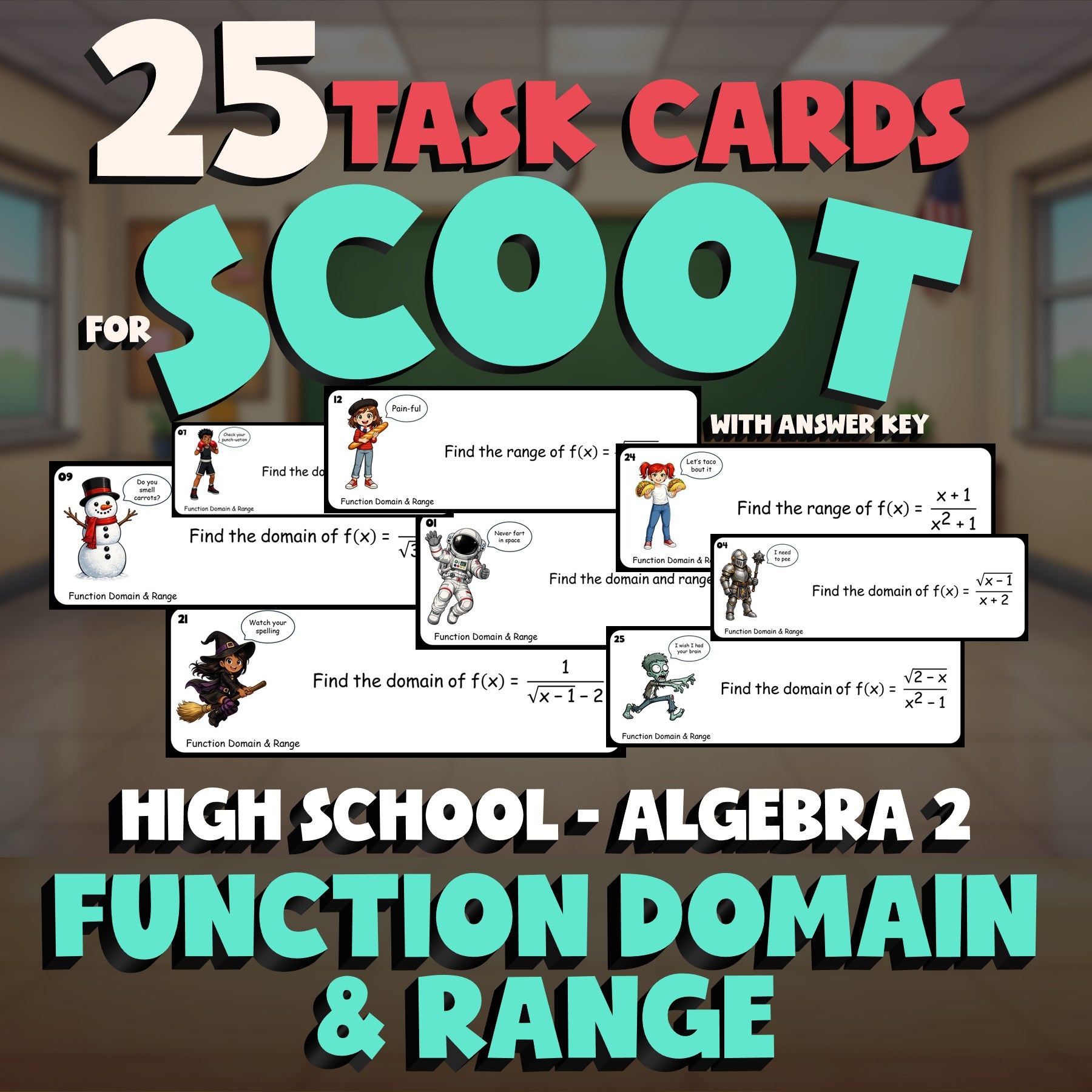 Function Domain & Range SCOOT TASK CARDS Math Game - No Prep Algebra 2 Review