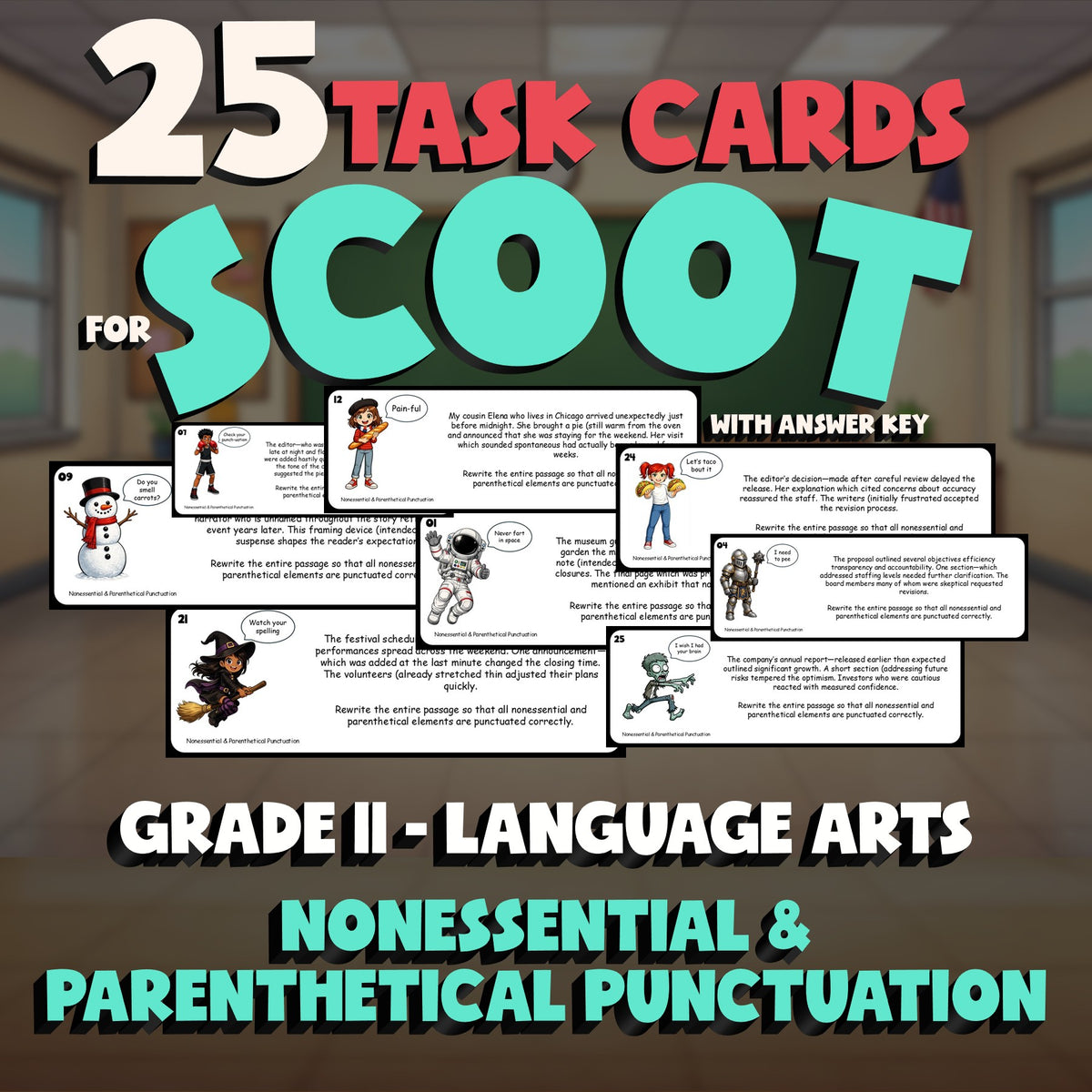 Nonessential & Parenthetical Punctuation SCOOT TASK CARDS ELA Game - Grade 11