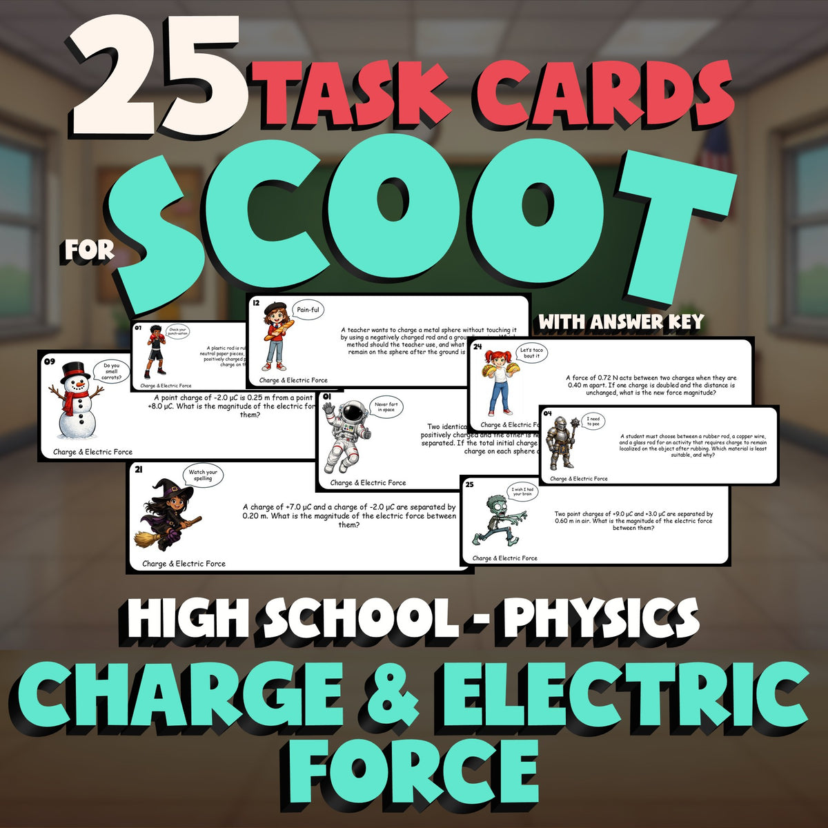 Charge & Electric Force SCOOT TASK CARDS Science Game - No Prep Physics Review
