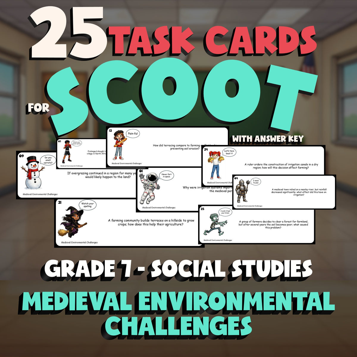 Medieval Environmental Challenges SCOOT TASK CARDS Socials Game - Grade 7