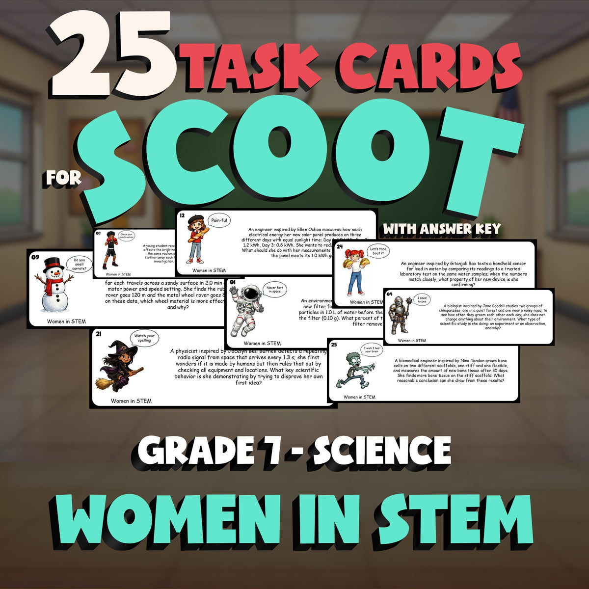 Women in STEM SCOOT TASK CARDS Science Game - No Prep Grade 7 Review Activity