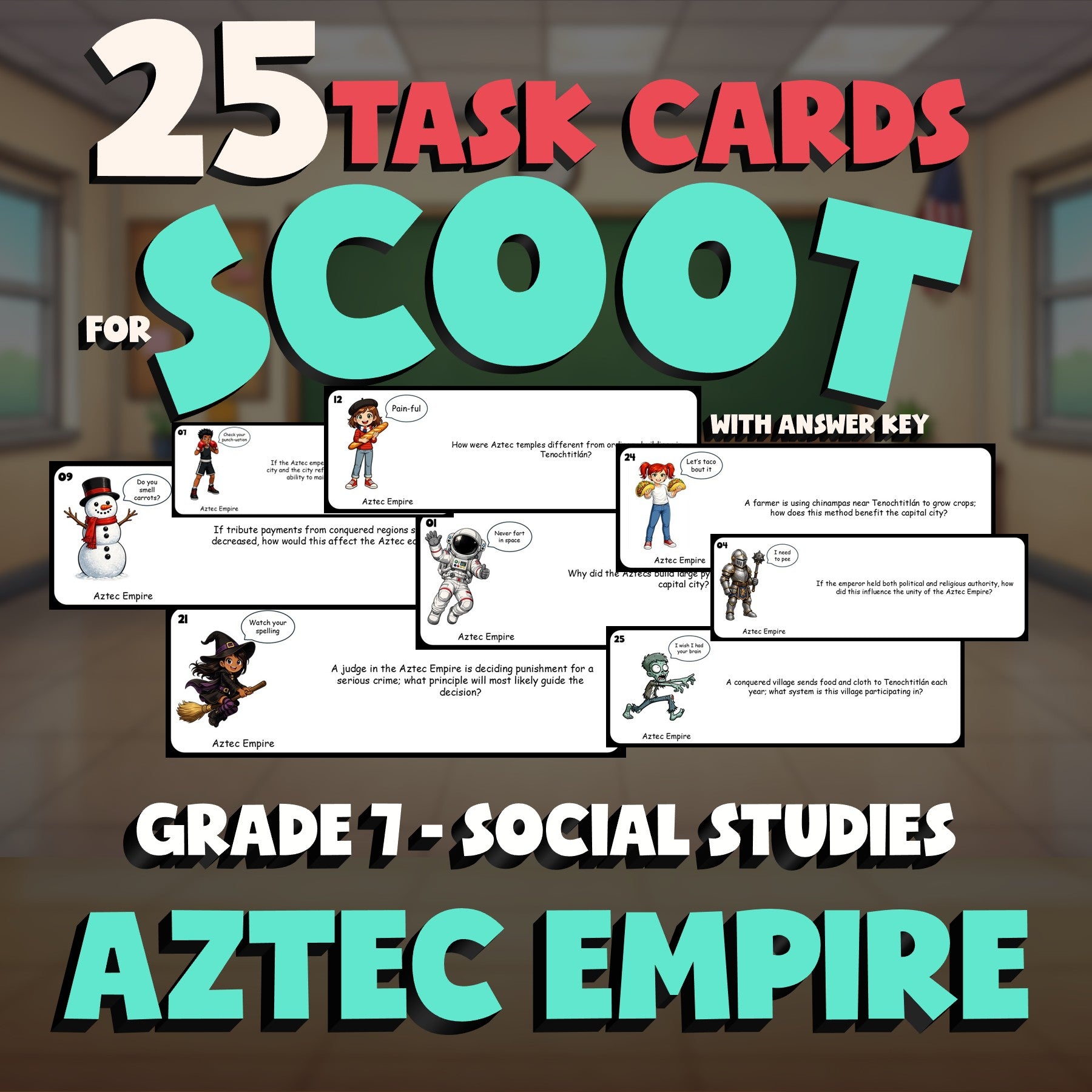 Aztec Empire SCOOT TASK CARDS Socials Game - No Prep Grade 7 Review Activity